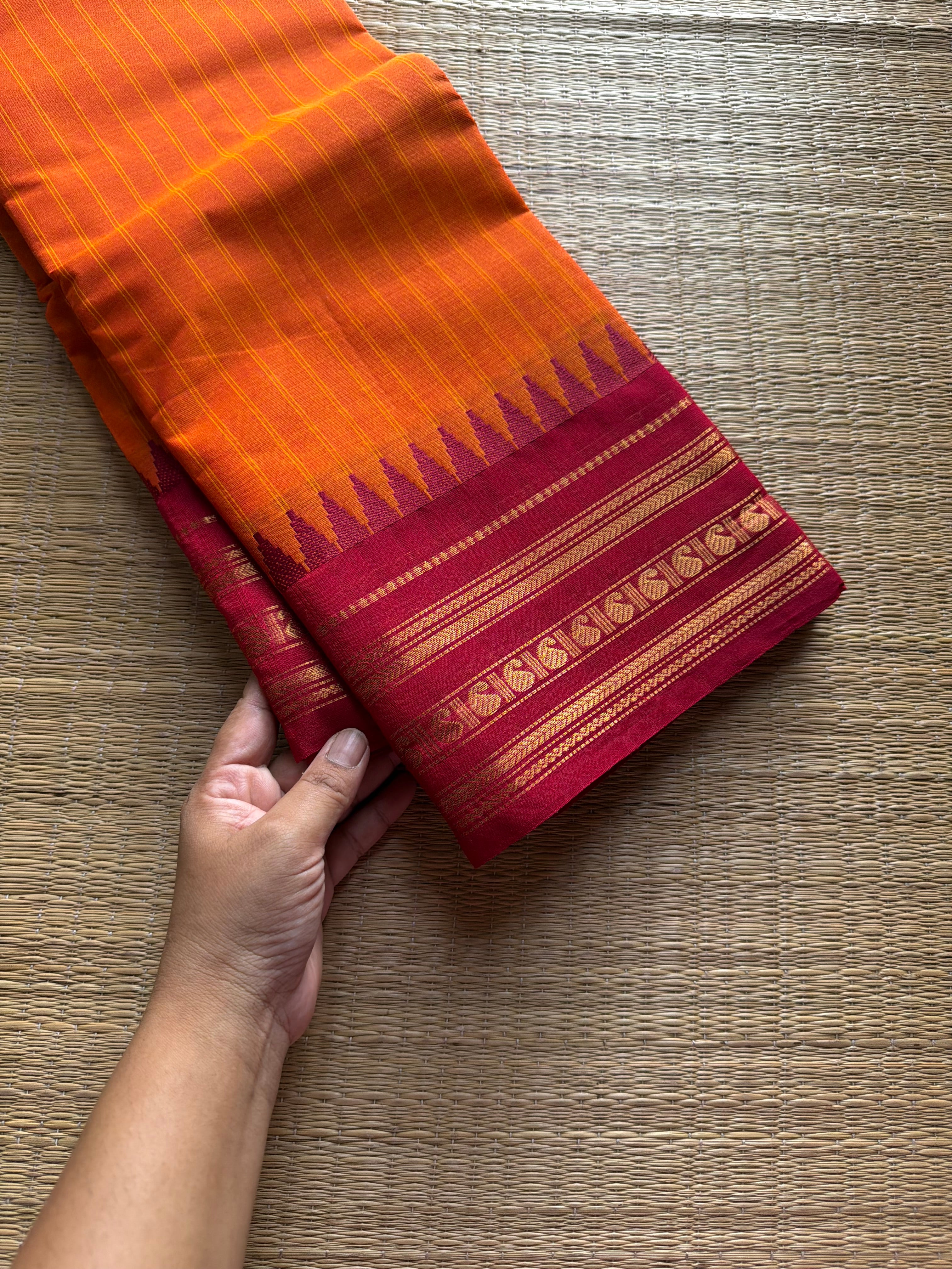 RF1045 Orange with maroon combination Kanchi cotton saree with vertical stripes pattern