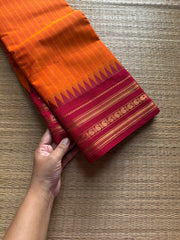 RF1045 Orange with maroon combination Kanchi cotton saree with vertical stripes pattern