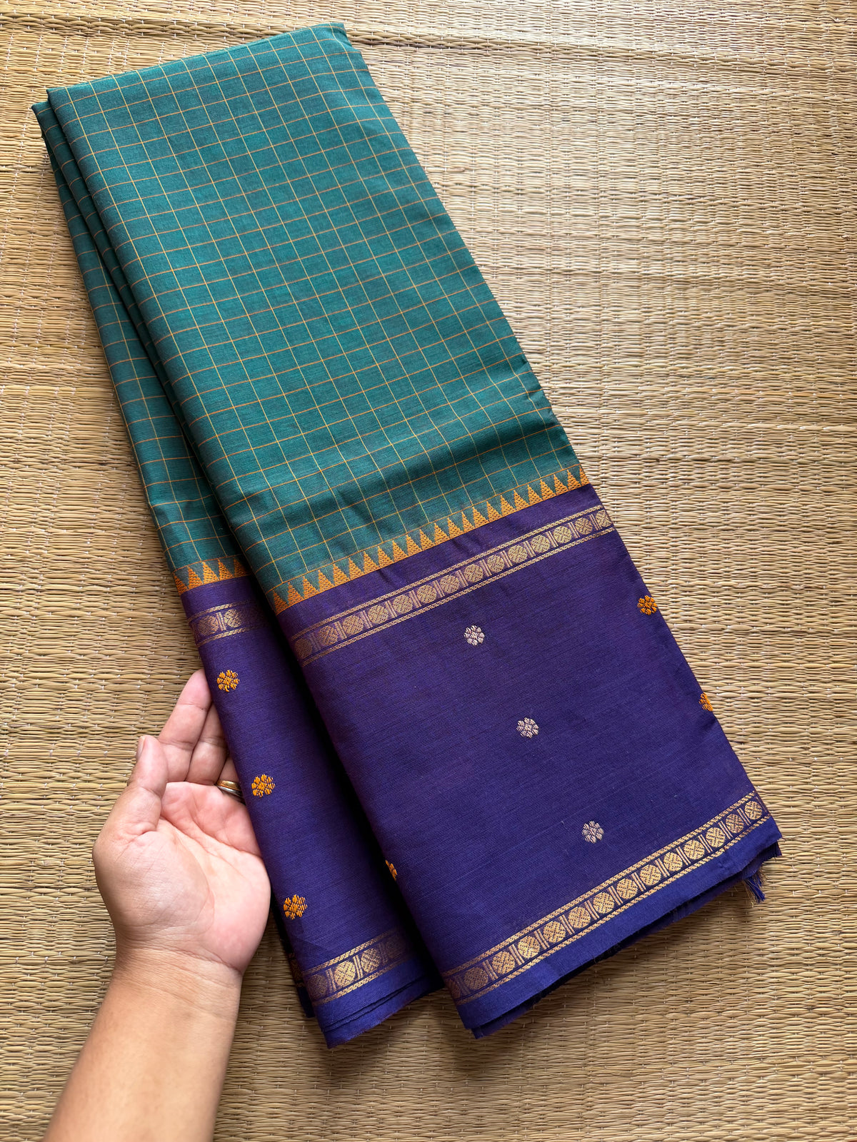 RF248 Peacock Blue shade kanchi cotton saree with Vintage Style Border kattam checks pattern & handwoven Buttas on the border