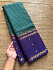 RF248 Peacock Blue shade kanchi cotton saree with Vintage Style Border kattam checks pattern & handwoven Buttas on the border