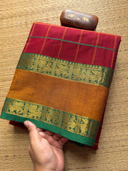 RF275 Reddish Marron Shade Kanchi Handmade Kattam / checks pattern saree with Yazhi & Annam Rettapet Ganga Jamuna Border