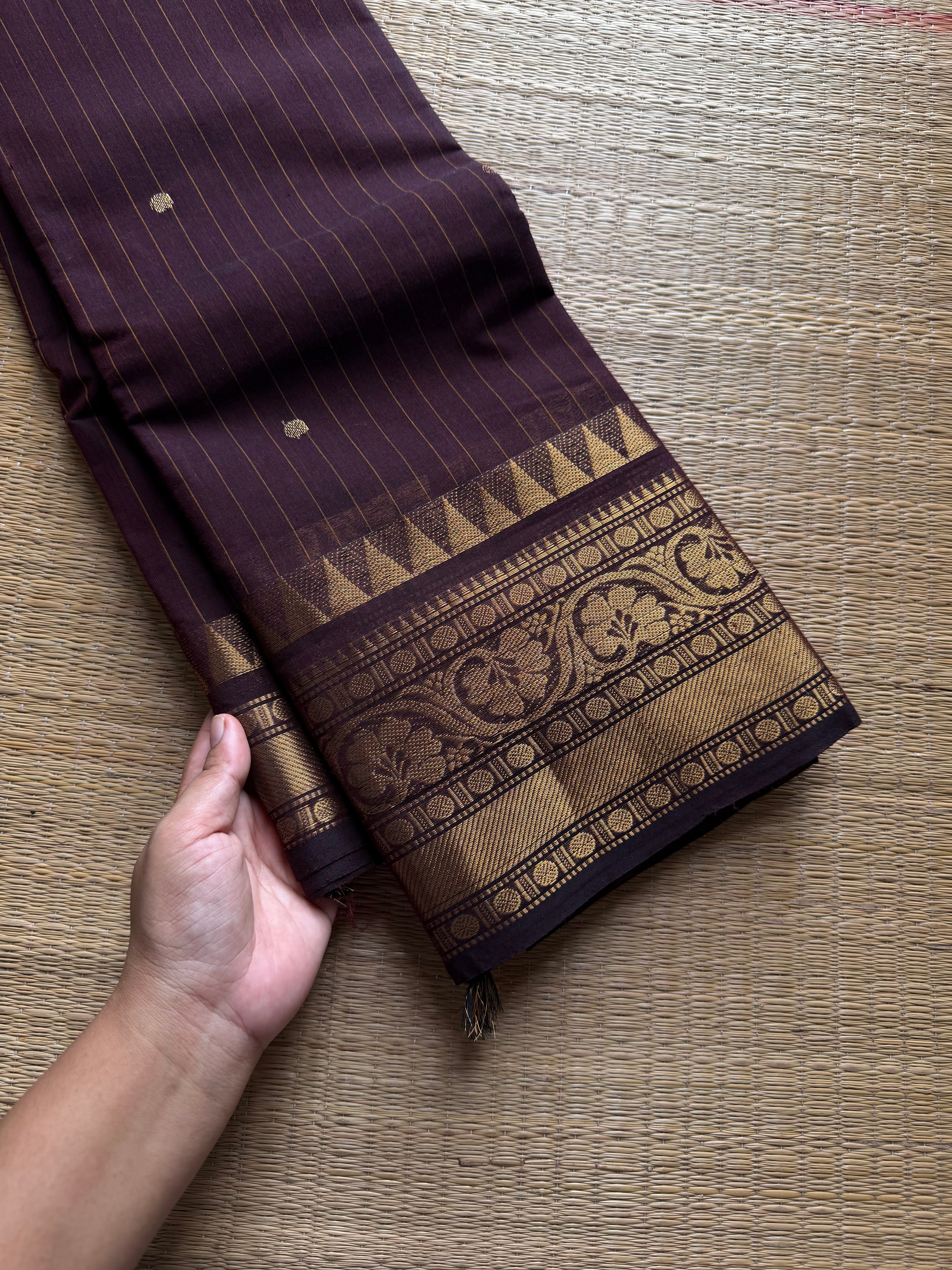 RF1243 Deep coffee brown ~ Kanchi Cotton saree with Vairaoosi pattern & handmade golden Zari Buttas