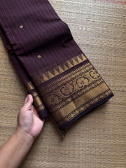 RF1243 Deep coffee brown ~ Kanchi Cotton saree with Vairaoosi pattern & handmade golden Zari Buttas