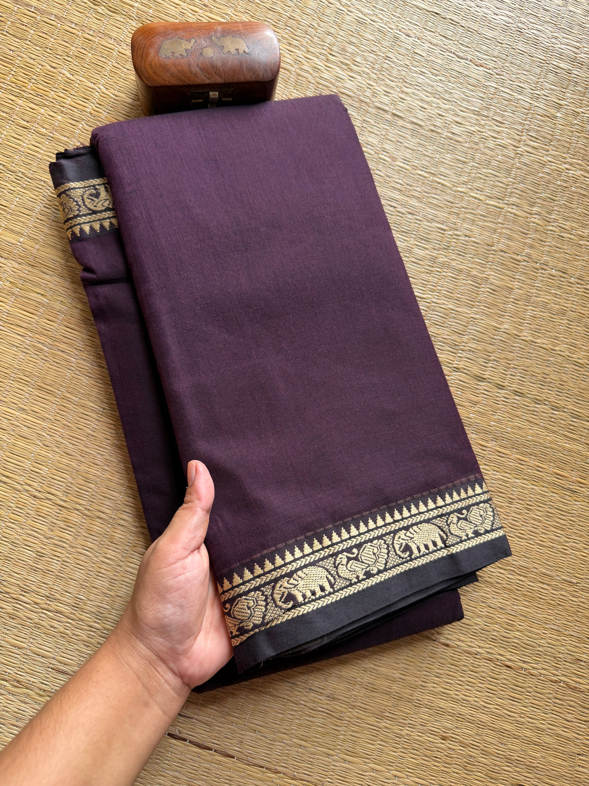RF313 Dual tone Brown shade Mercerised Narayanpet Cotton Saree With Small Annam and elephant pattern border