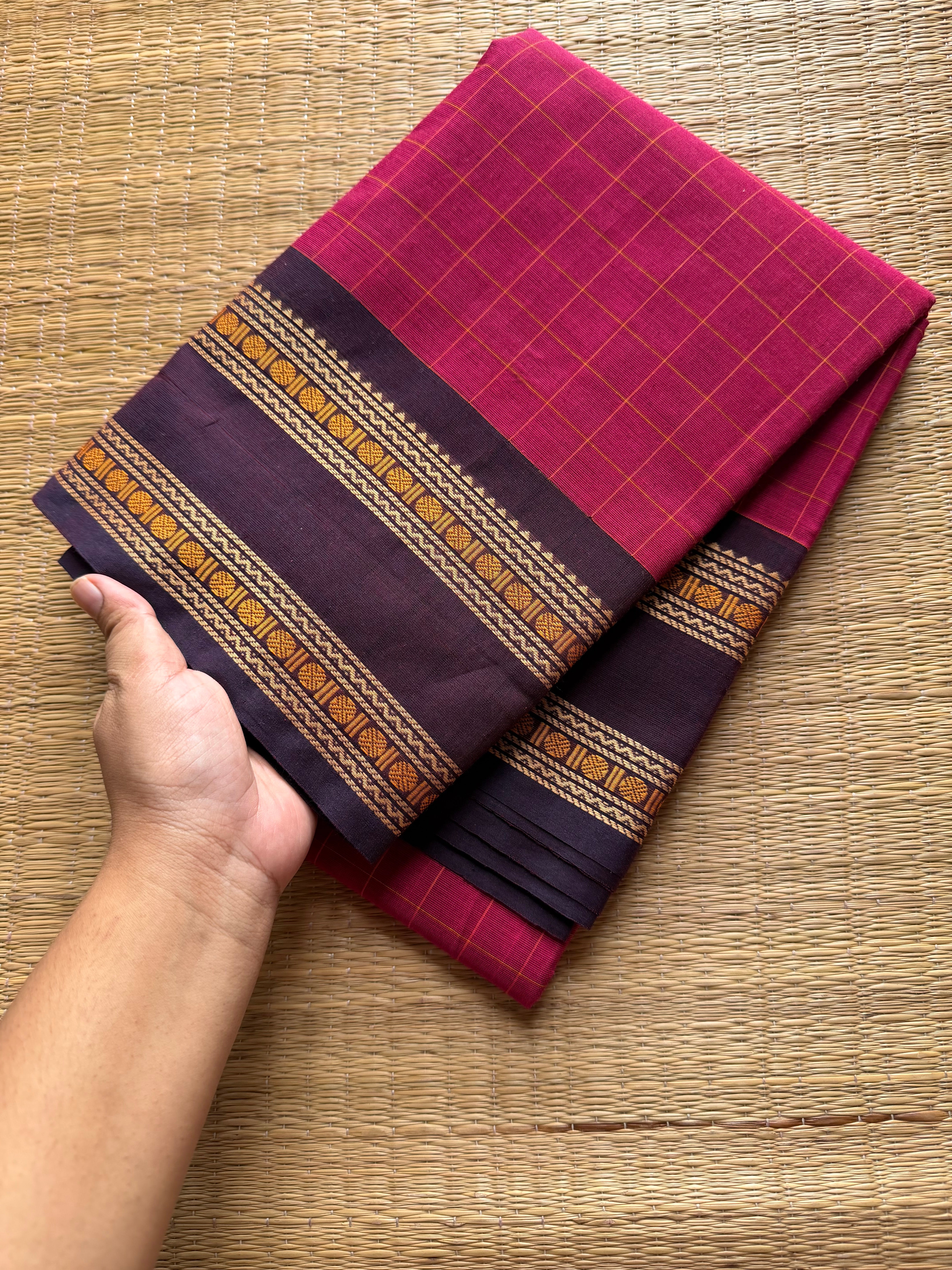 RF557 Premium & Soft Thread Border Kanchi Cotton Saree With Kattam / Checks Pattern | Magenta pink