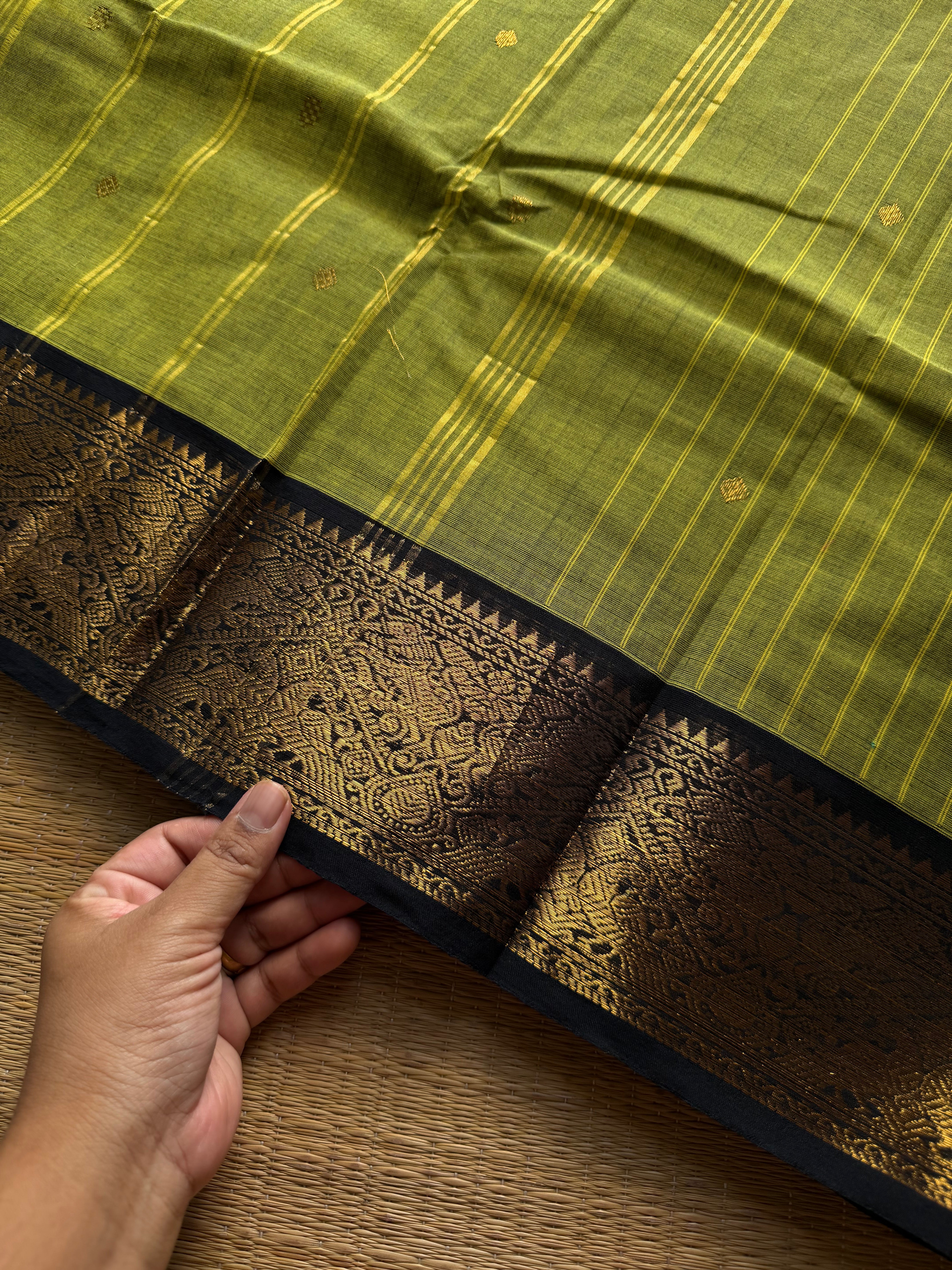 RF1408 Green with black ~ Vanasingaram border Kanchi cotton saree with handmade thread buttas