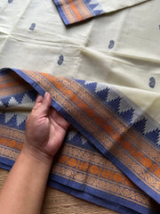 Elegant Thread Border ~ Pastel shade Kanchi Cotton Saree with small Thazhampoo pattern thread border & handmade thread buttas
