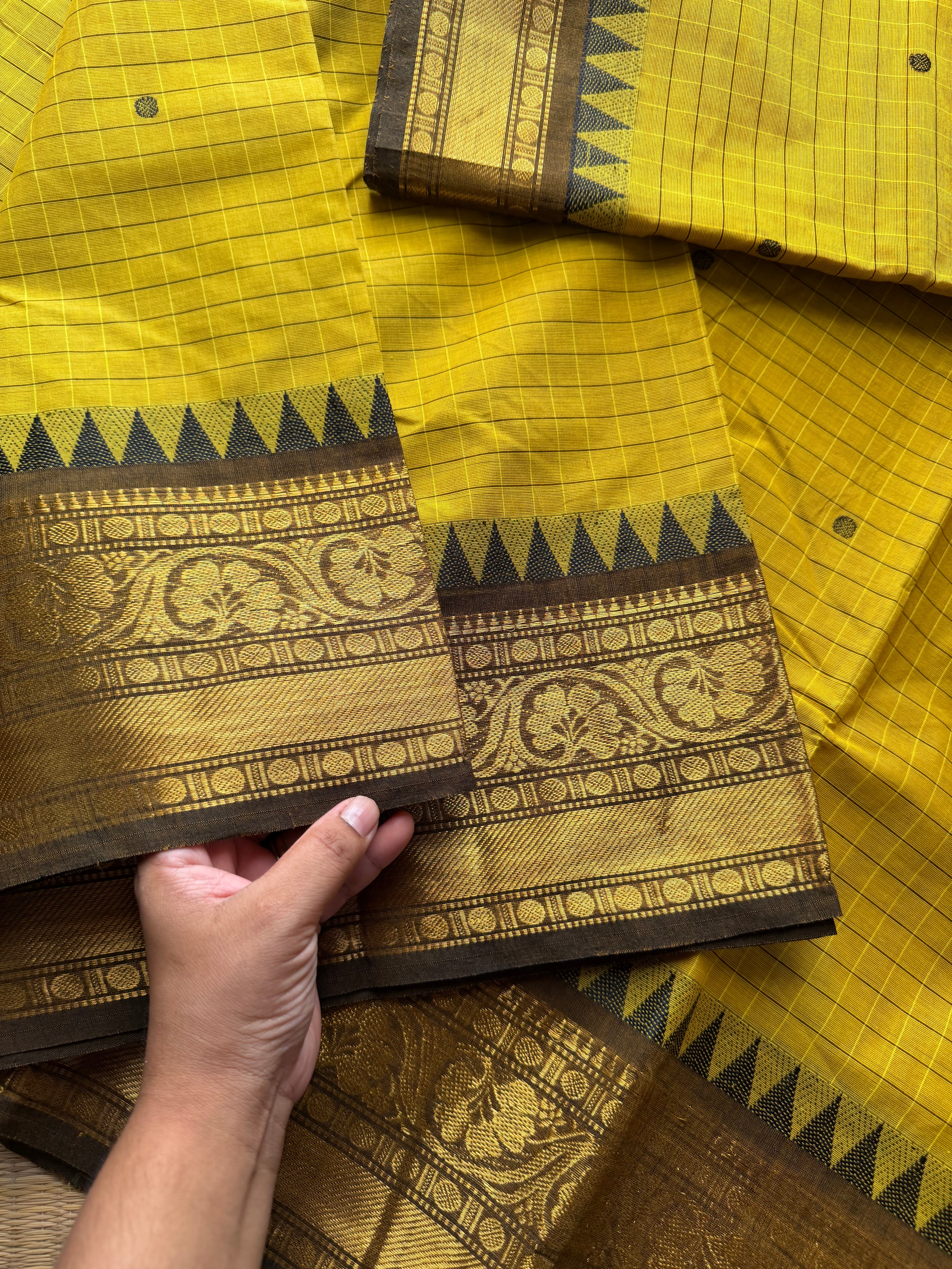 RF715 Yellow Kattam Kanchi cotton saree with handmade thread buttas