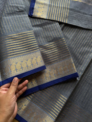 RF866 Greyish ice blue ~ Vairaoosi pattern Kanchi cotton saree with small contrast royal blue shade mango Zari border