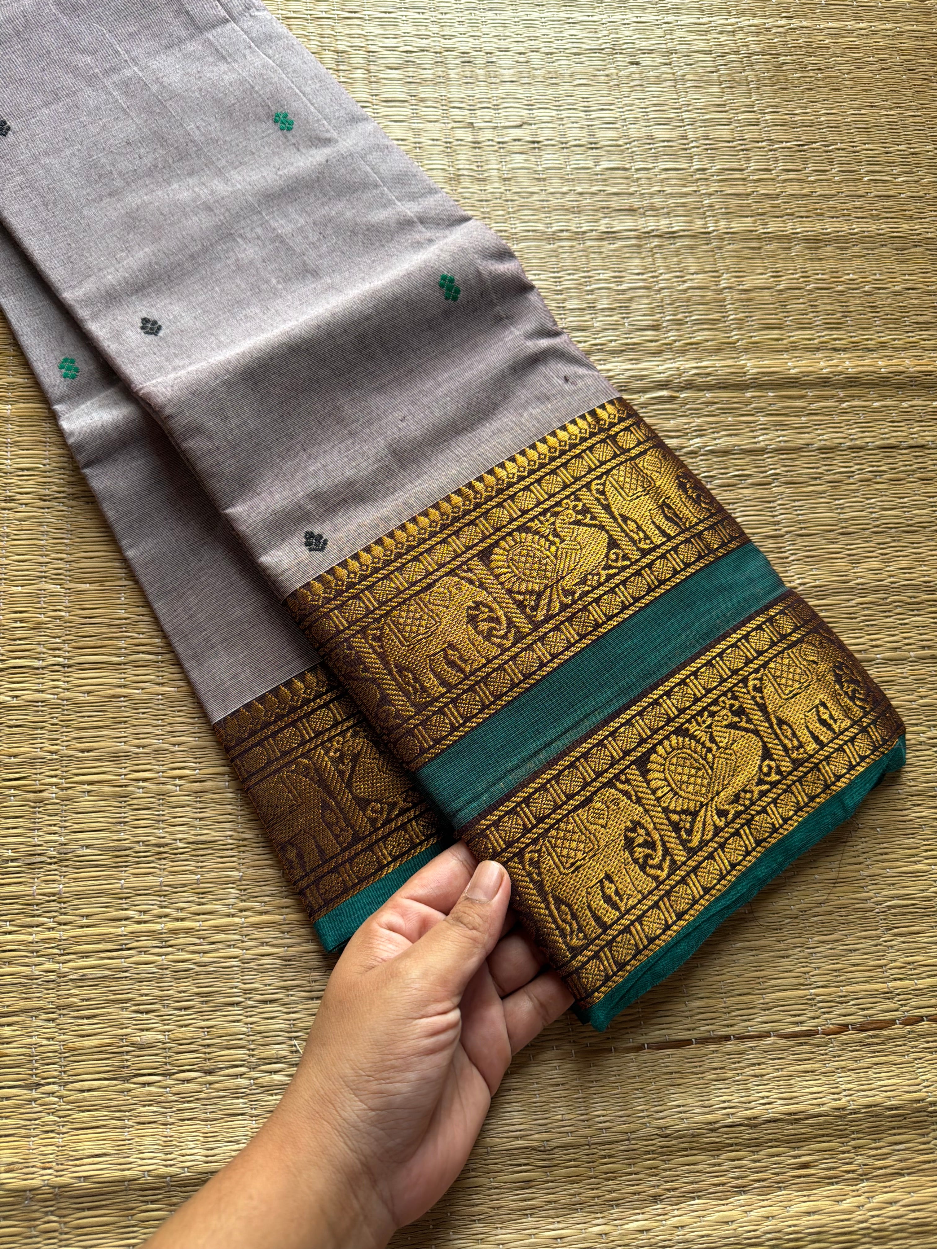 RF306 Grey with contrast teal green combination Rettapet border Kanchi cotton saree with handmade thread buttas