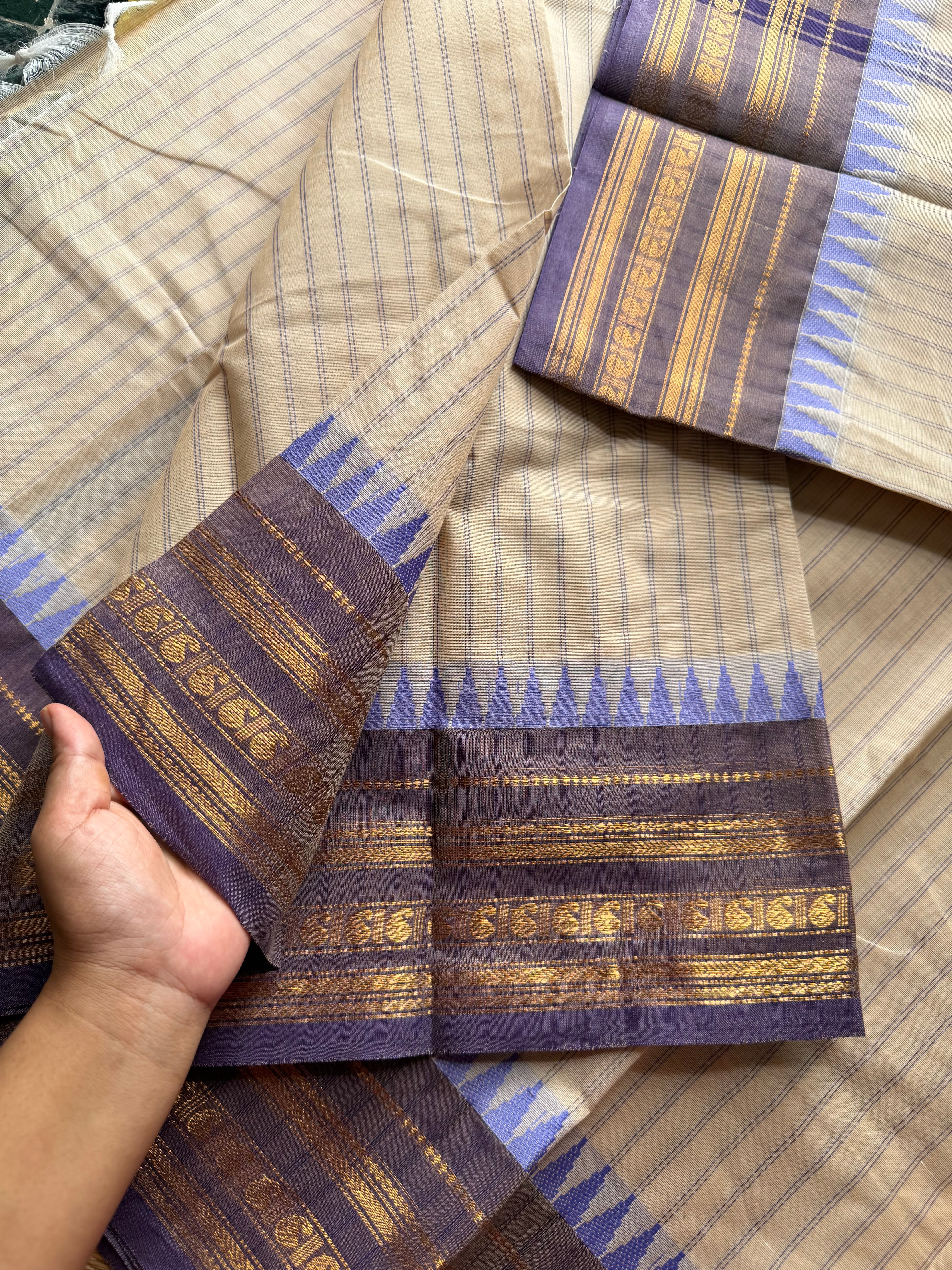 RF532 Half white with light lavender Combination Kanchi Cotton Saree With Stripped pattern