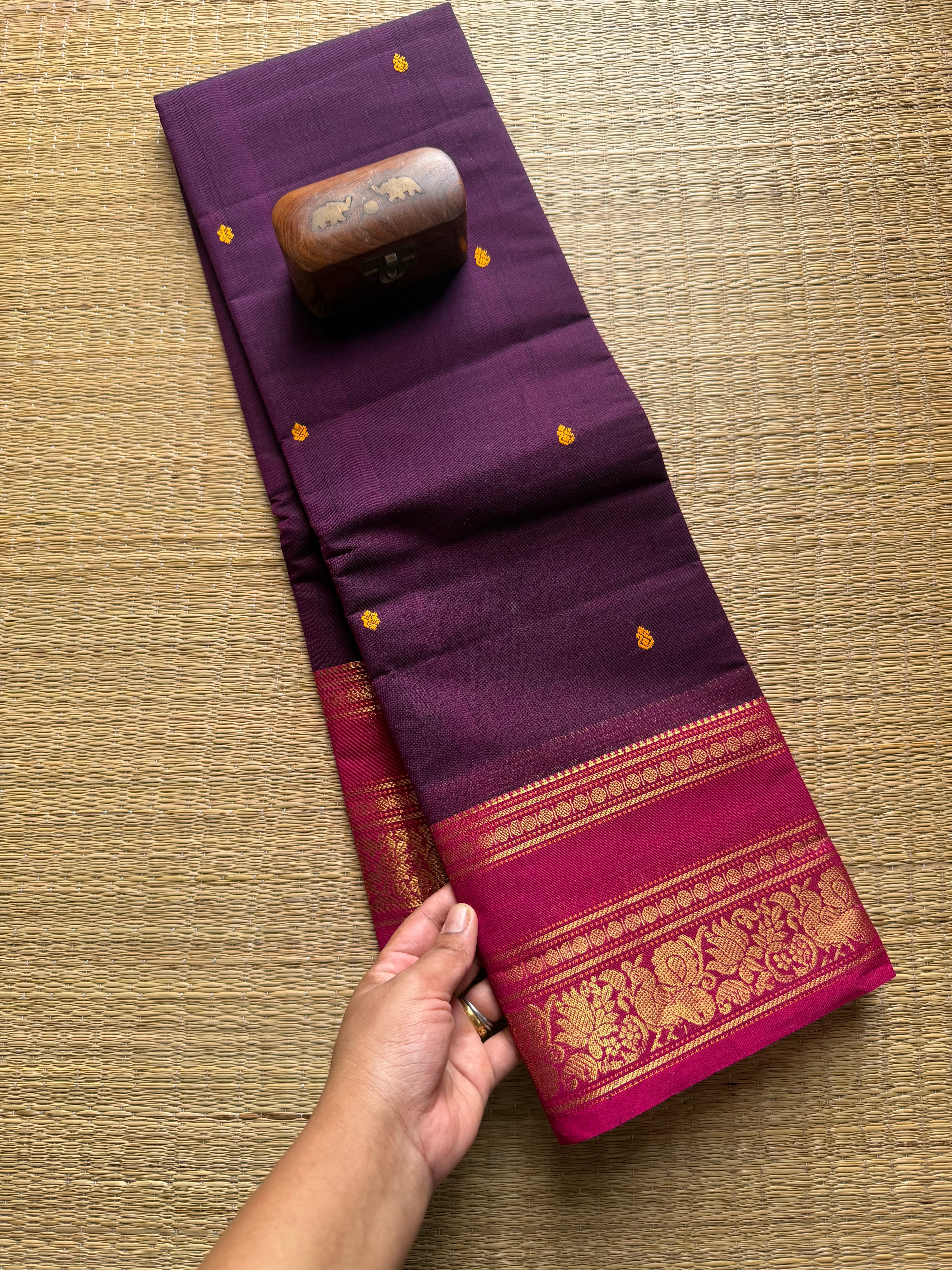 Purple Shade Kanchi Cotton Saree With Handmade Thread Buttas