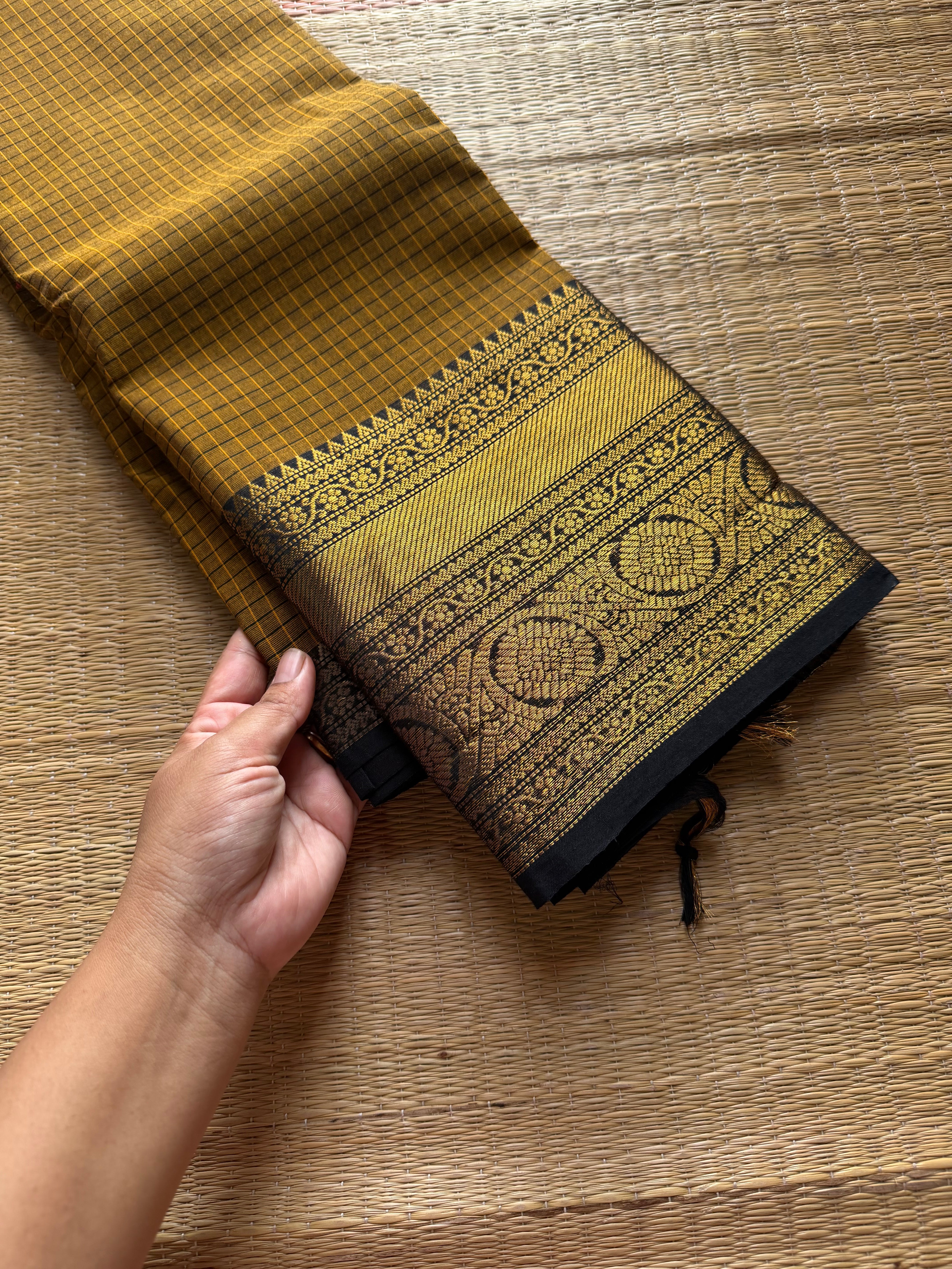 RF867 Vintage Kattam / Checks ~ Mustard yellow with black combination Kanchi cotton saree