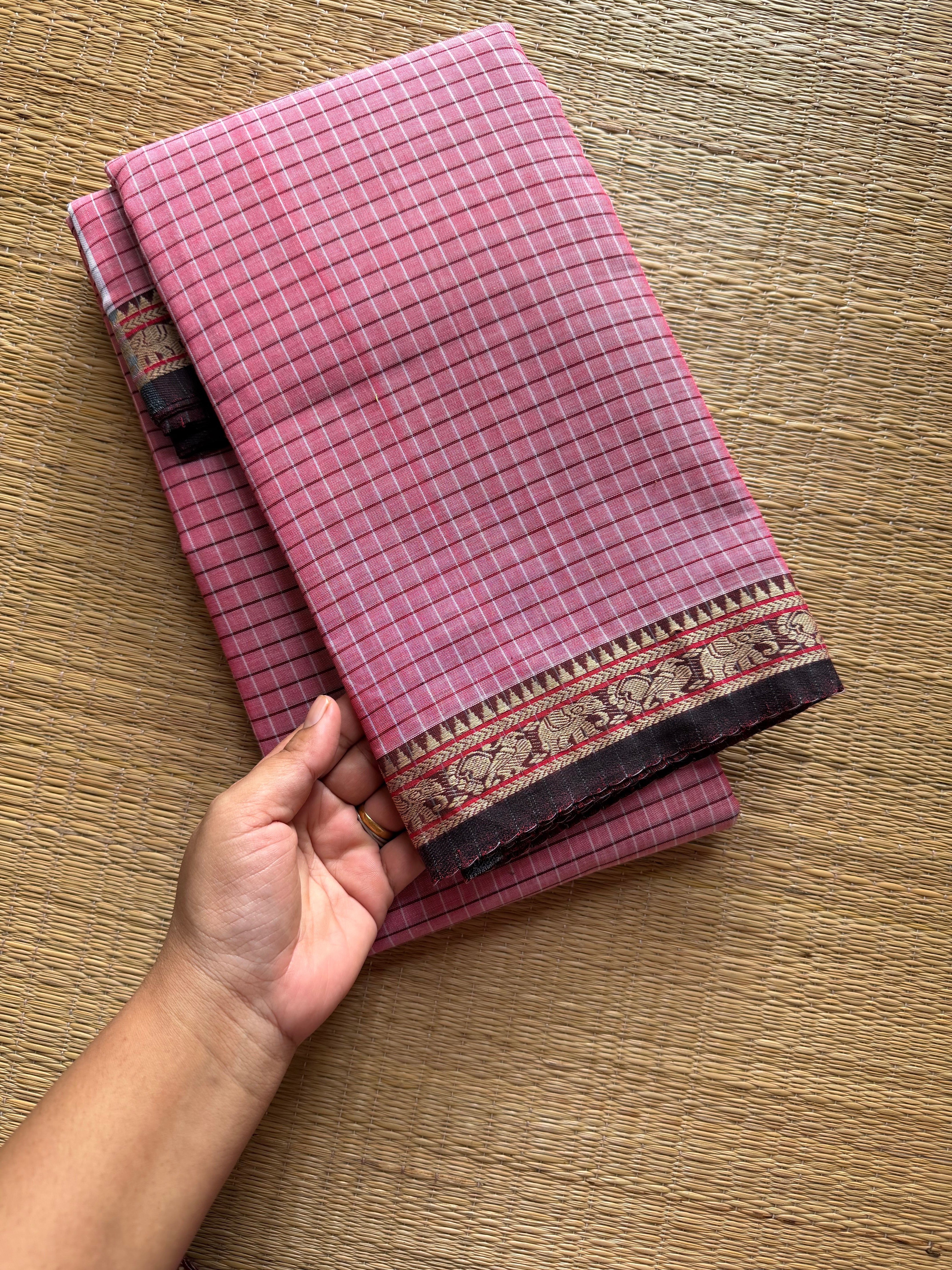 Onion pink shade Mercerised Mercerised Narayanpet cotton saree with small border & Kattam / checks pattern saree