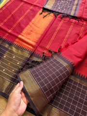 RF246 Reddish maroon with brown combination kanchi cotton saree with Vintage Style Border kattam checks pattern & handwoven Buttas on the border