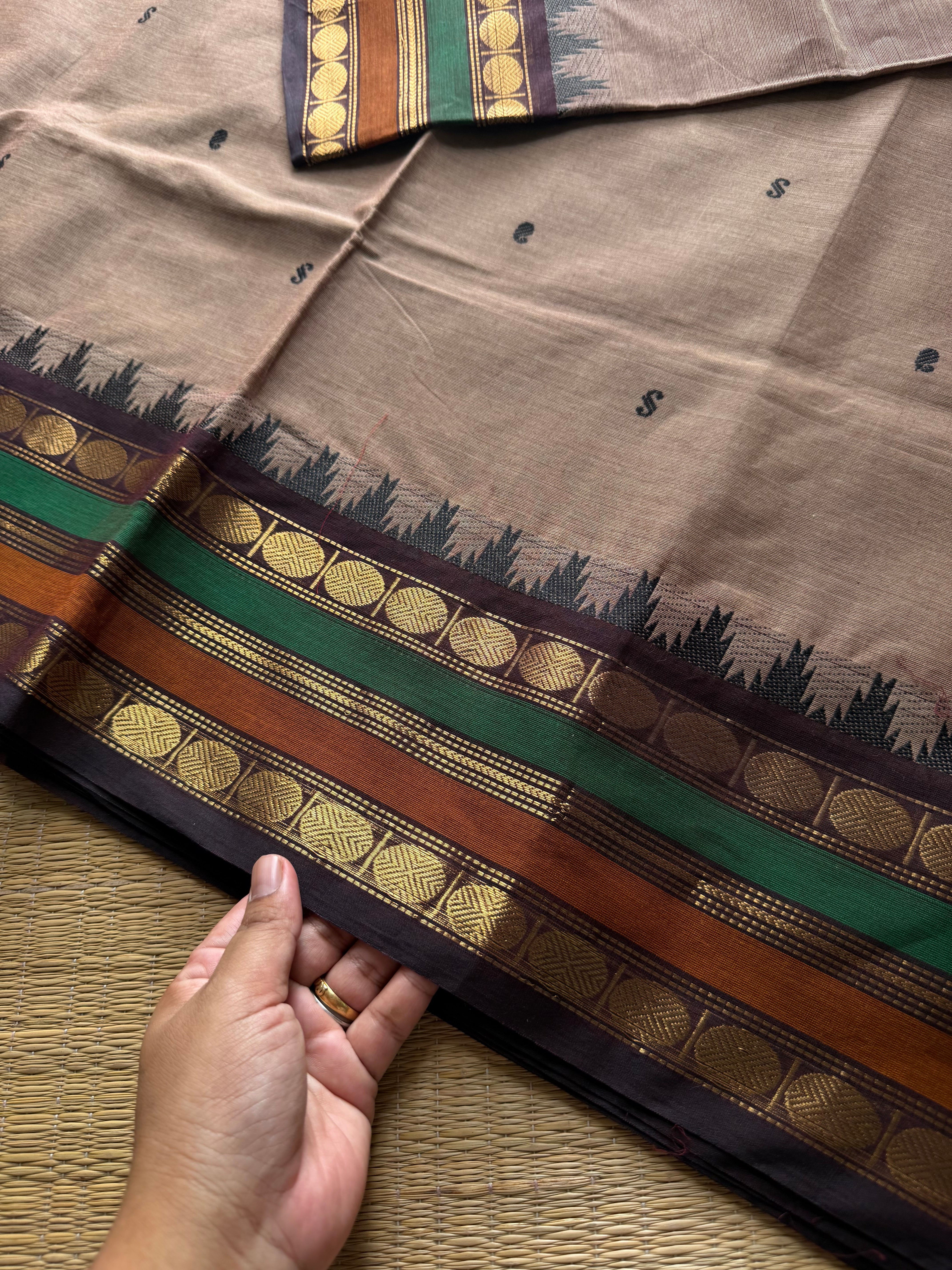 RF734 Grey shade Kanchi cotton saree with multi color contrast Thazhampoo pattern border and handmade thread buttas