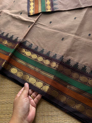 RF734 Grey shade Kanchi cotton saree with multi color contrast Thazhampoo pattern border and handmade thread buttas