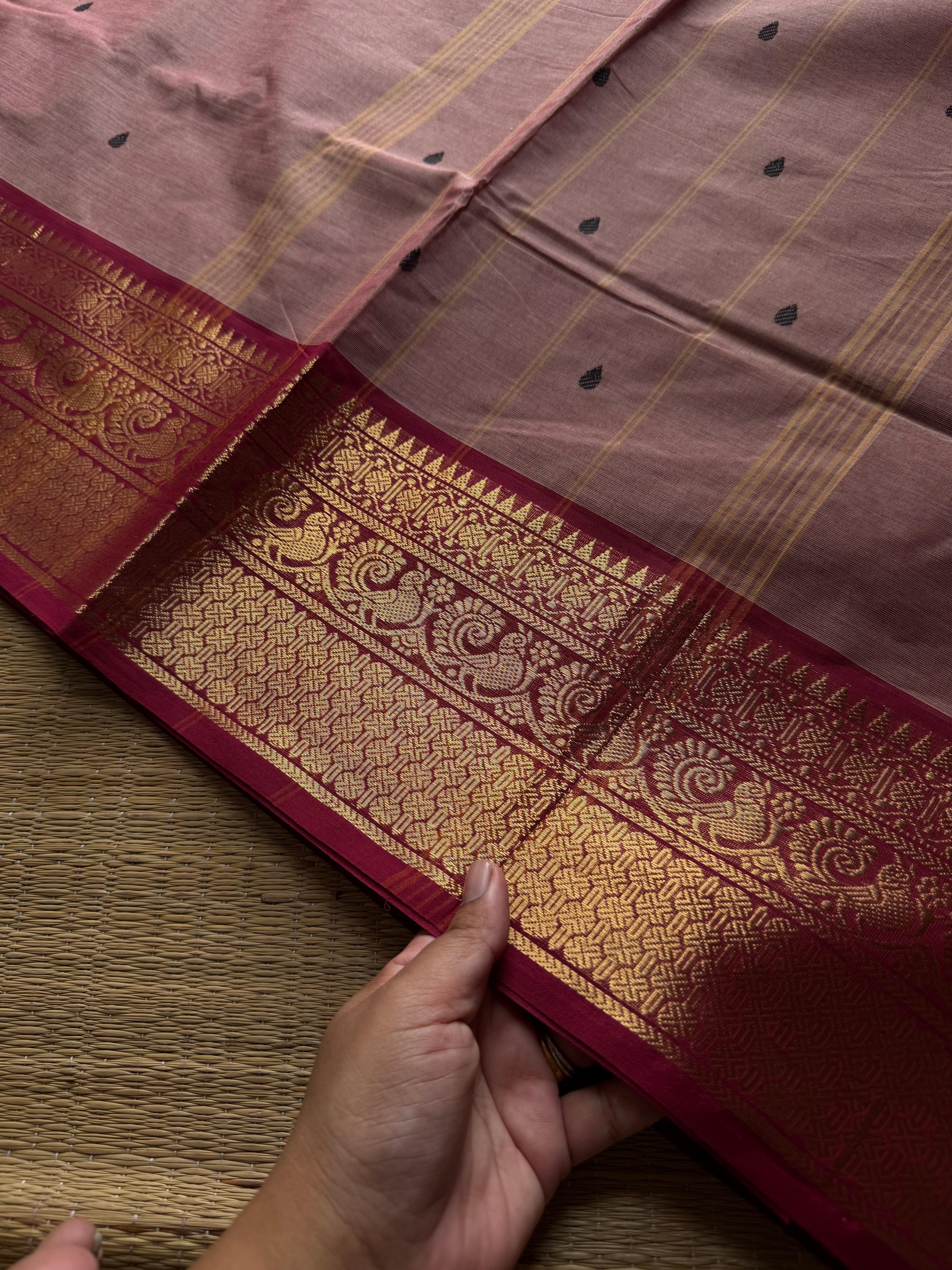 RF912 Onion pink ~ Kanchi cotton saree with handmade thread buttas