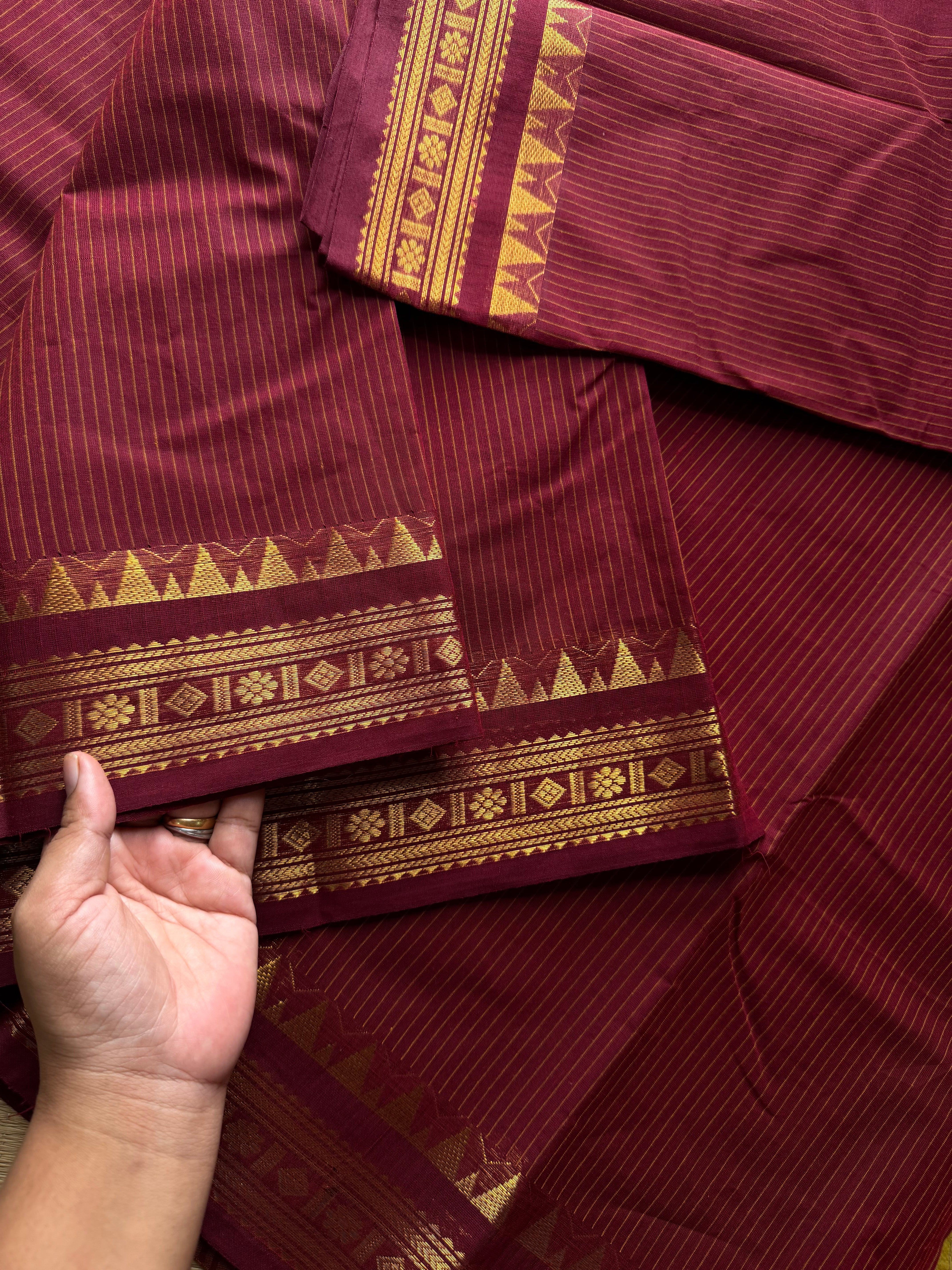 RF1386 Monotone Deep Maroon ~ Small border Kanchi cotton saree with thread weaving stripped lines pattern