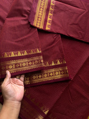 RF1386 Monotone Deep Maroon ~ Small border Kanchi cotton saree with thread weaving stripped lines pattern