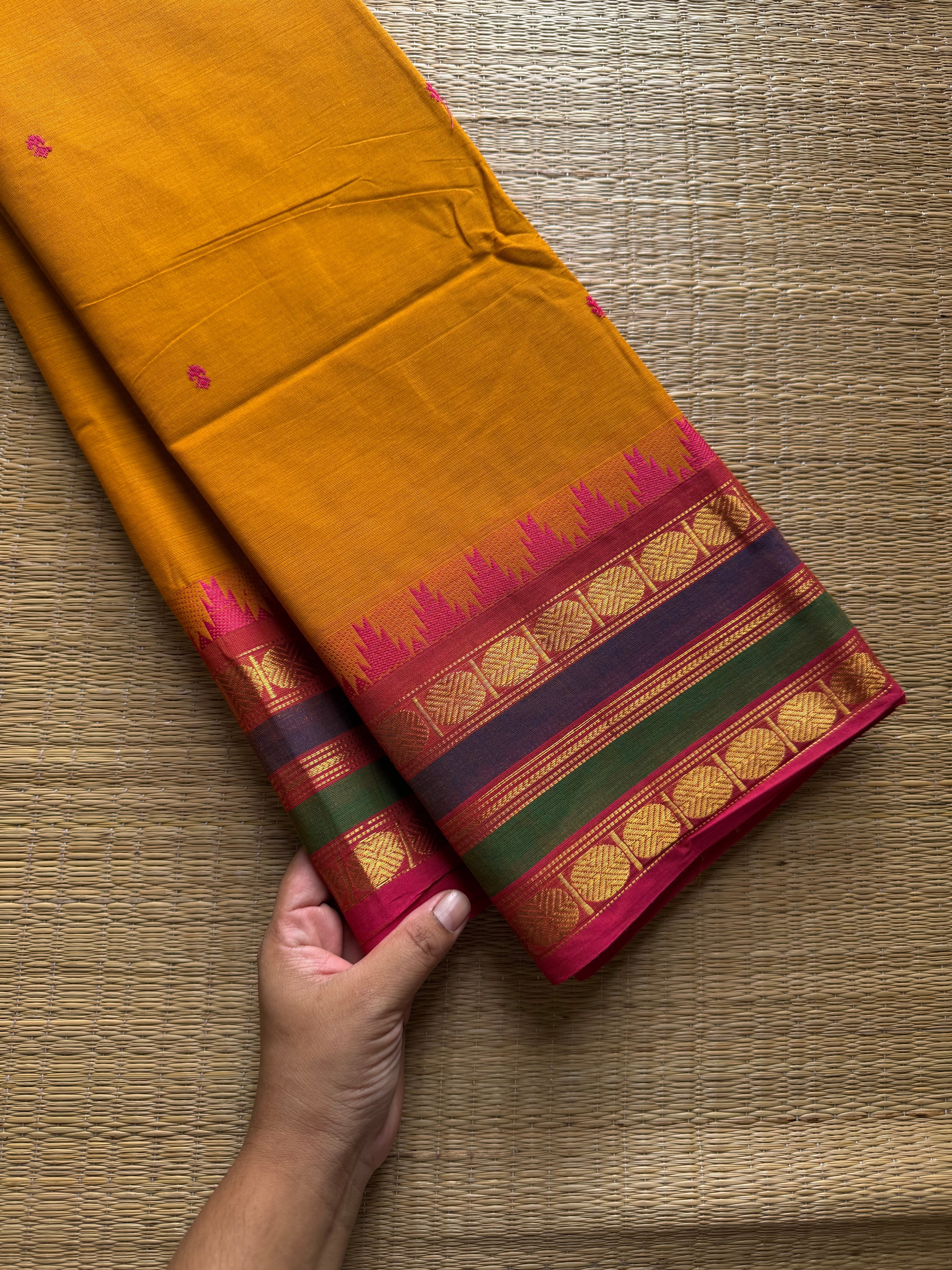 RF735 Dual tone mustard yellow shade Kanchi cotton saree with multicolour Thazhampoo pattern border and handmade thread buttas