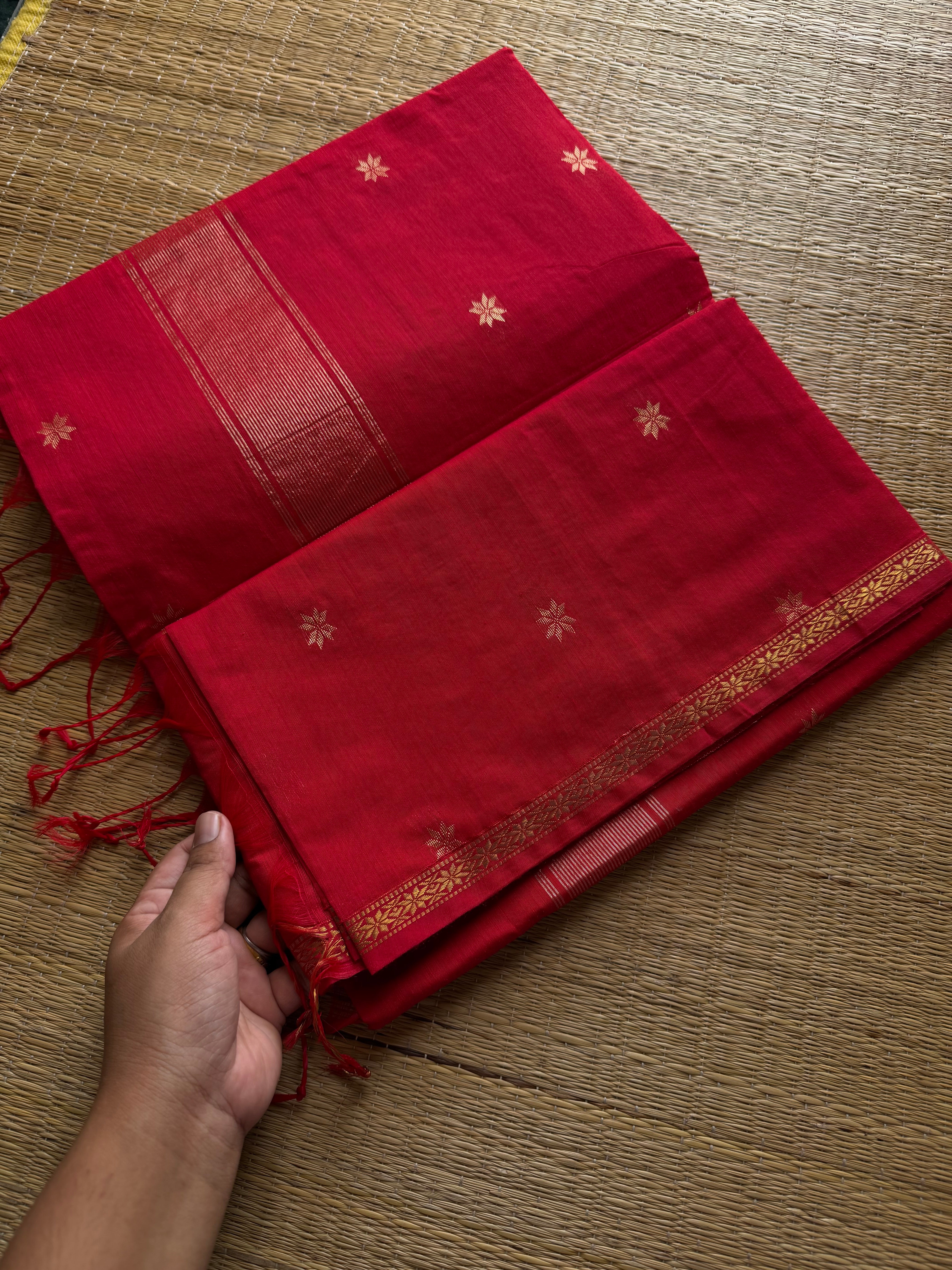 RF577 Monotone red Maheshwari semi silk cotton saree