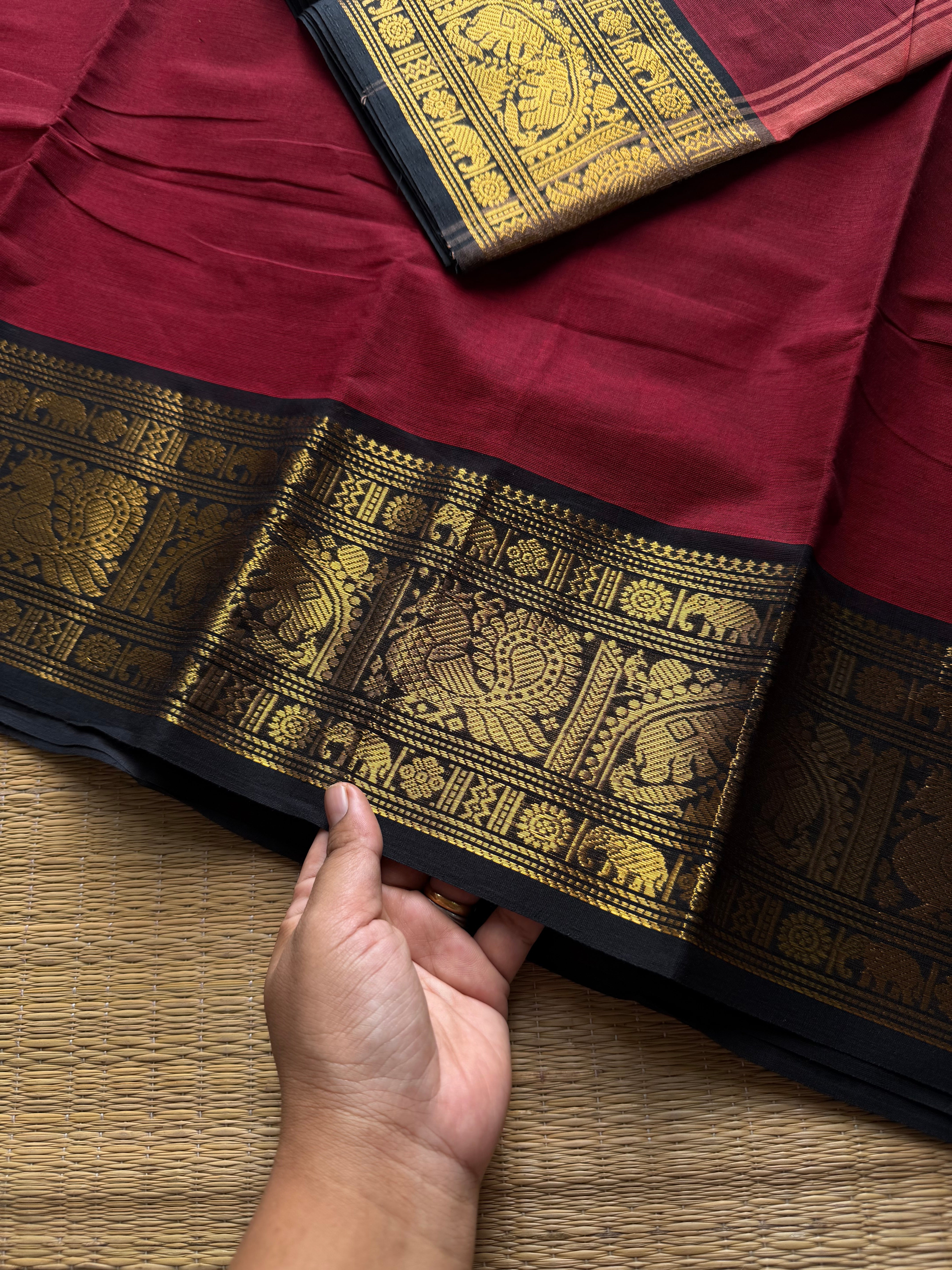RF1156 Maroon with black ~ Silk saree inspired Kanchi cotton saree