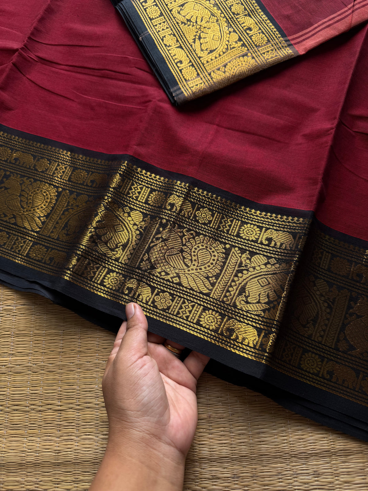 RF1156 Maroon with black ~ Silk saree inspired Kanchi cotton saree