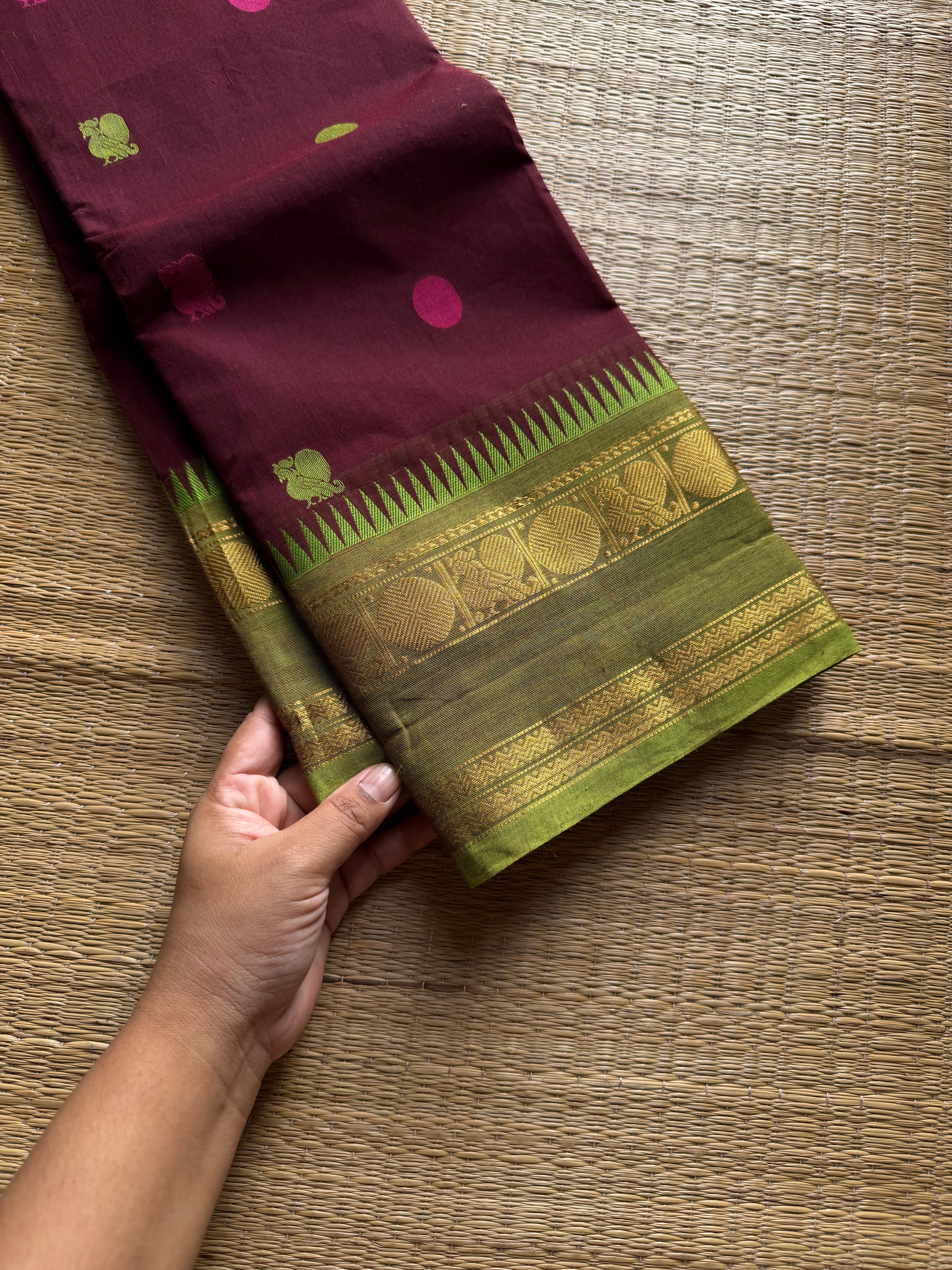 RF1395 Arakku shade ~ Premium Rich Pallu Kanchi cotton saree with Annam pattern gap border