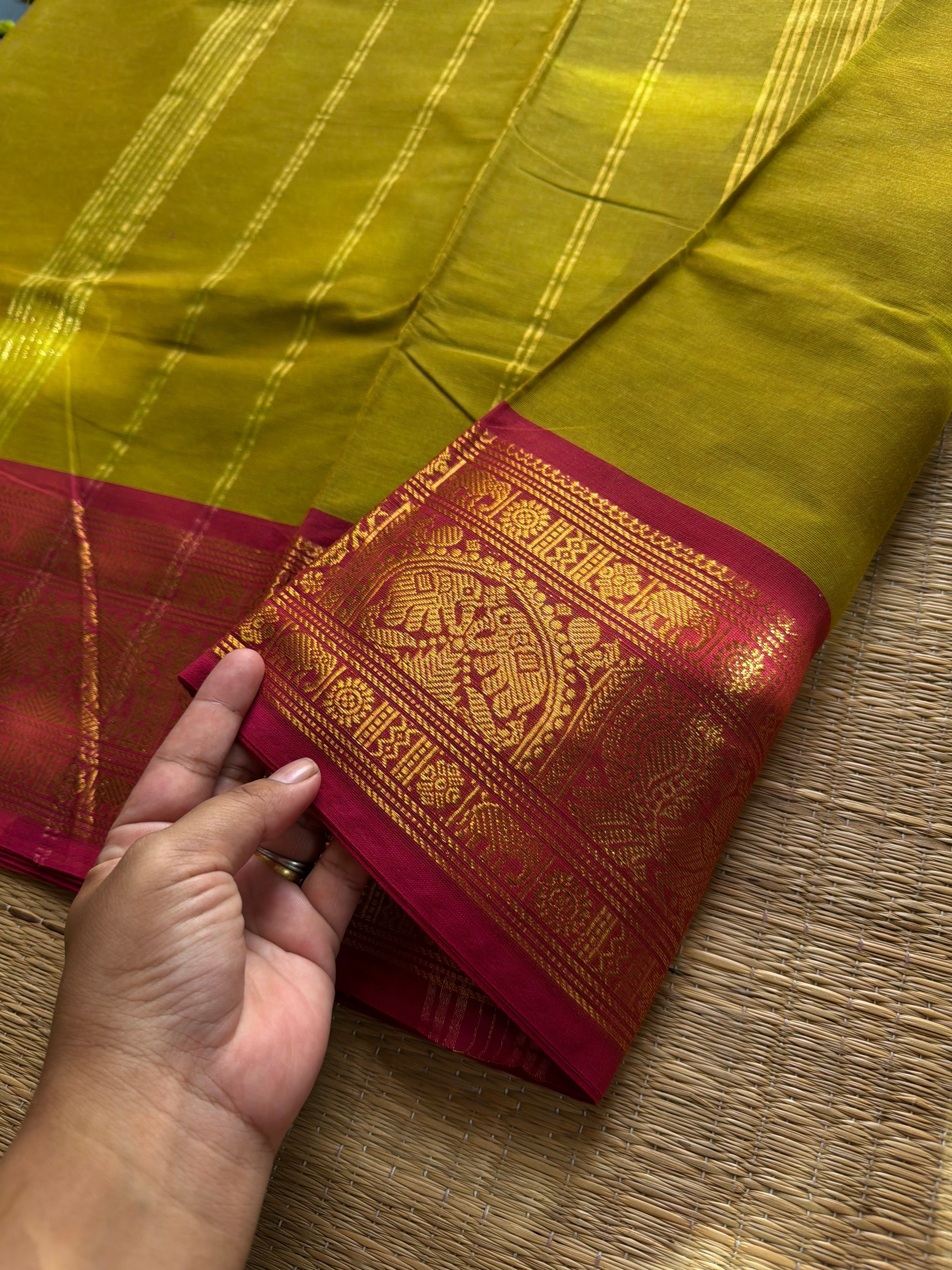 RF680 Yellow & Green mixed shade Kanchi cotton saree with silk saree inspired Annam and elephant pattern border