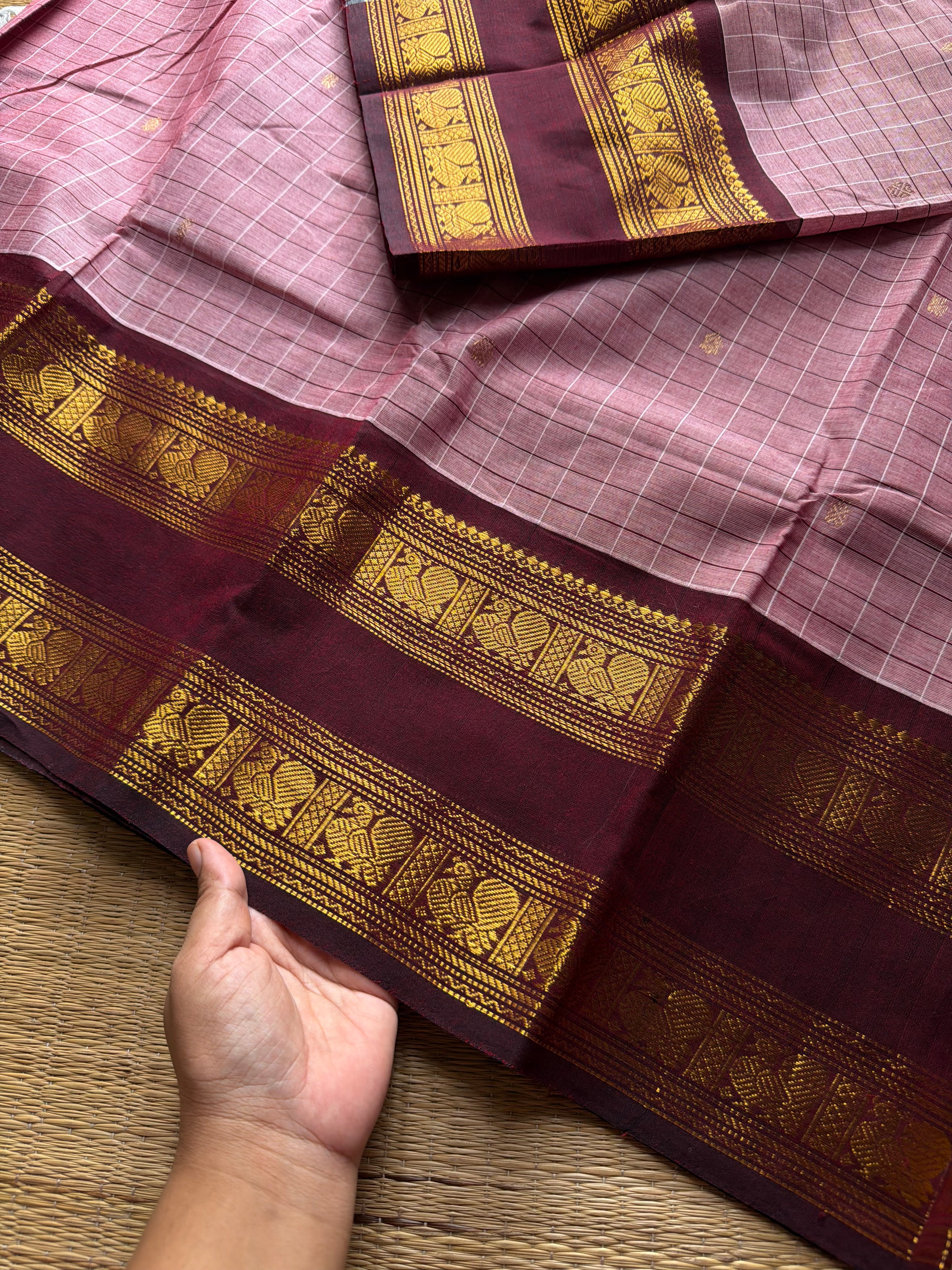 RF1343 Pastel pink shade ~ Kattam edition Kanchi cotton saree with handmade golden Zari buttas