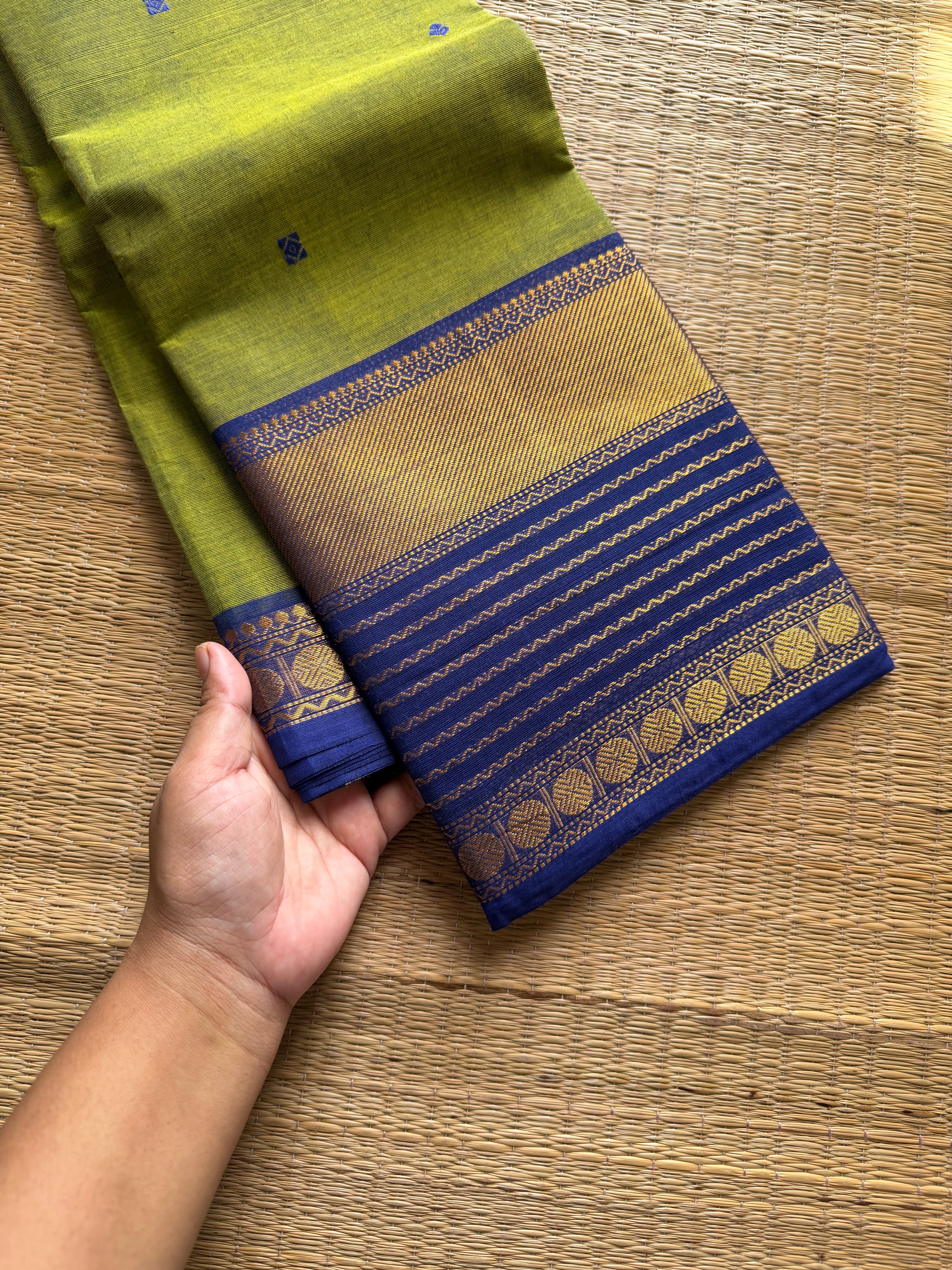 RF1214 Dual tone green with blue combination Kanchi cotton saree with handmade thread buttas