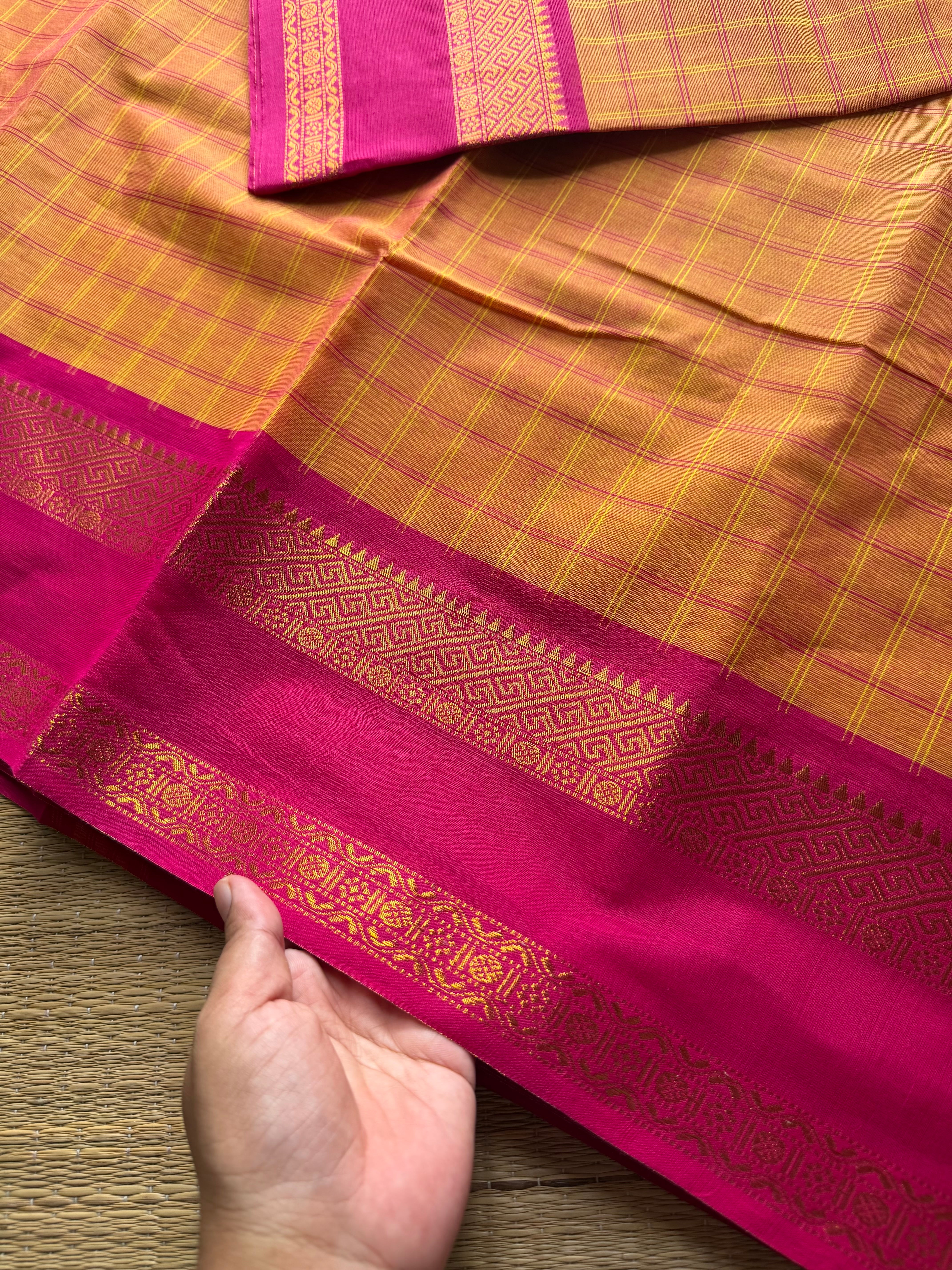 RF761 Kattam Edition ~ Dark Mango shade with pink combination Kanchi cotton saree