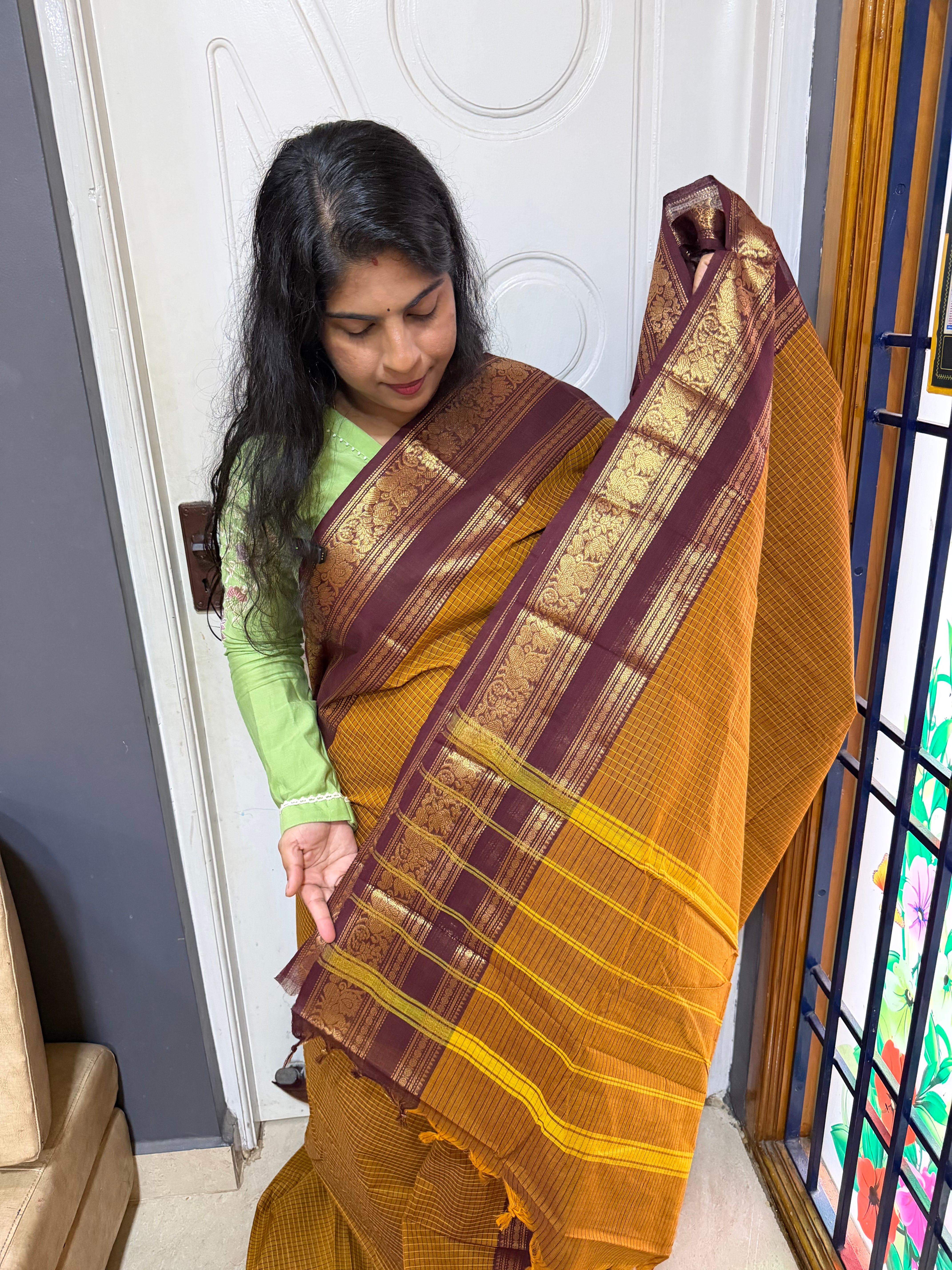 RF1234 Mustard with brown Podikattam Kattam Kanchi cotton saree with silk saree inspired border