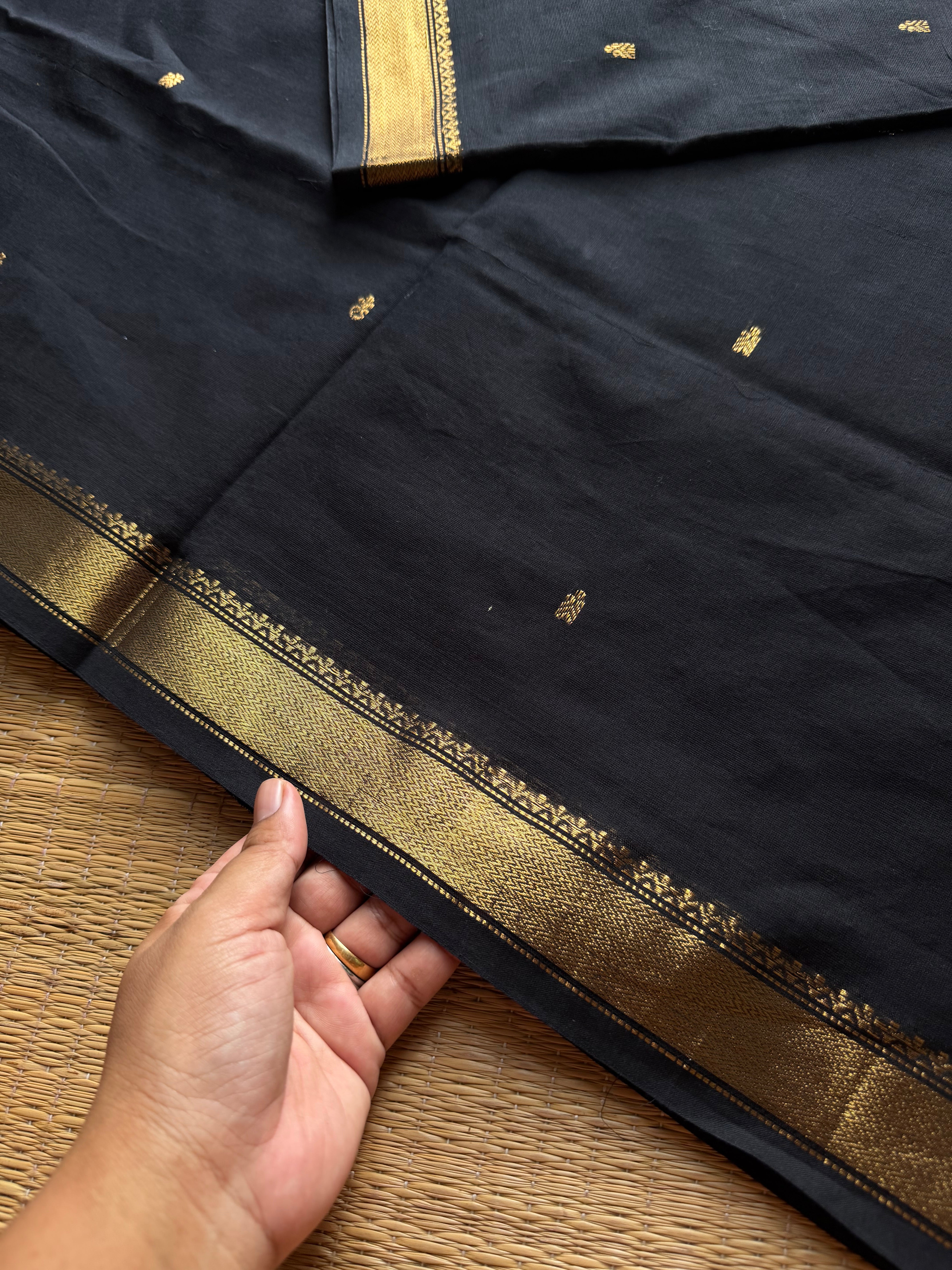 RF996 Black ~ Small border Kanchi cotton saree with handmade golden Zari Buttas