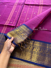 Dark Magenta Pink With Dark Royal Blue Shade Kanchi Cotton Saree With Handmade Thread Buttas