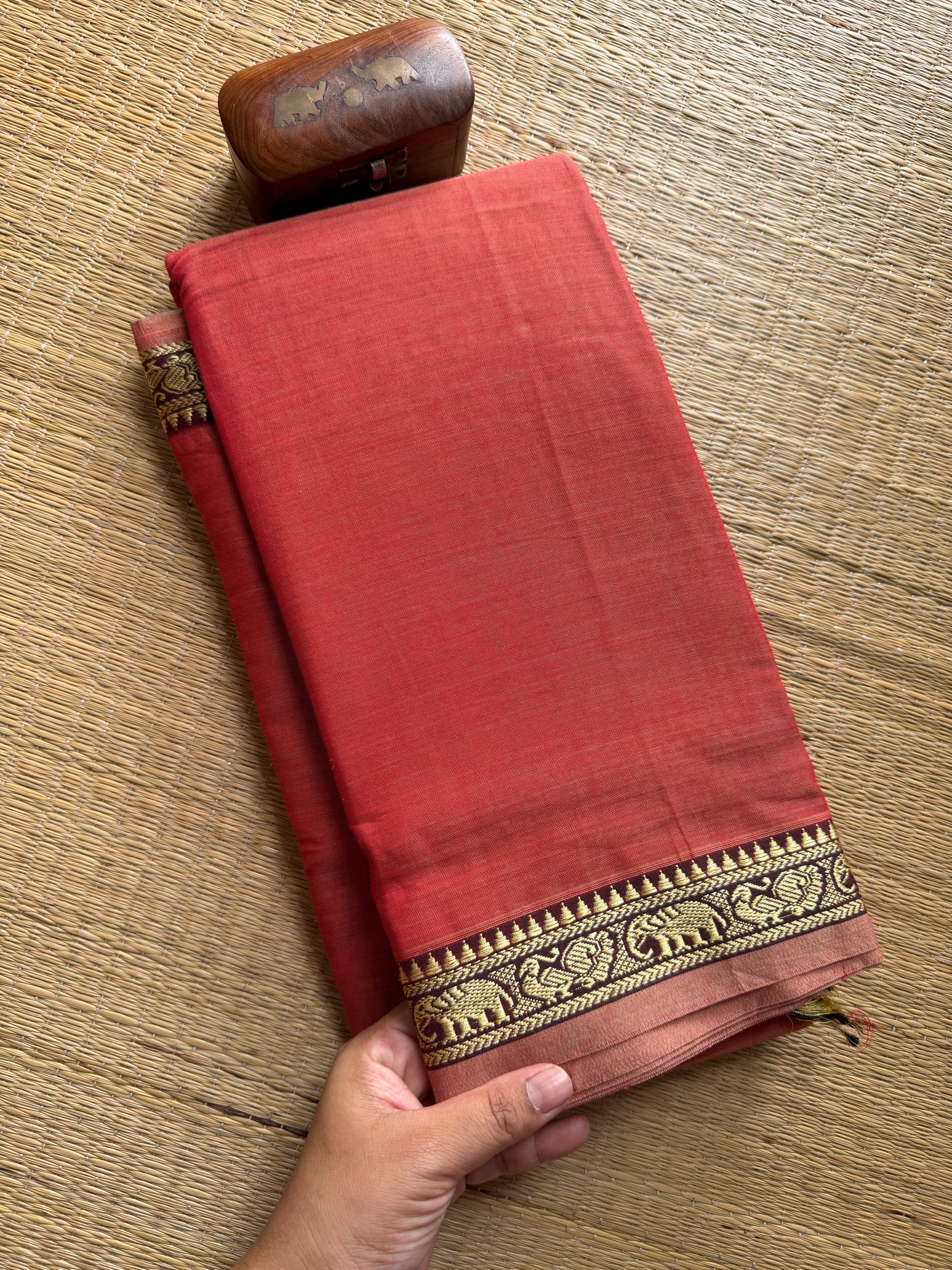RF312 Dual tone peach shade Mercerised Narayanpet Cotton Saree With Small Annam and elephant pattern border