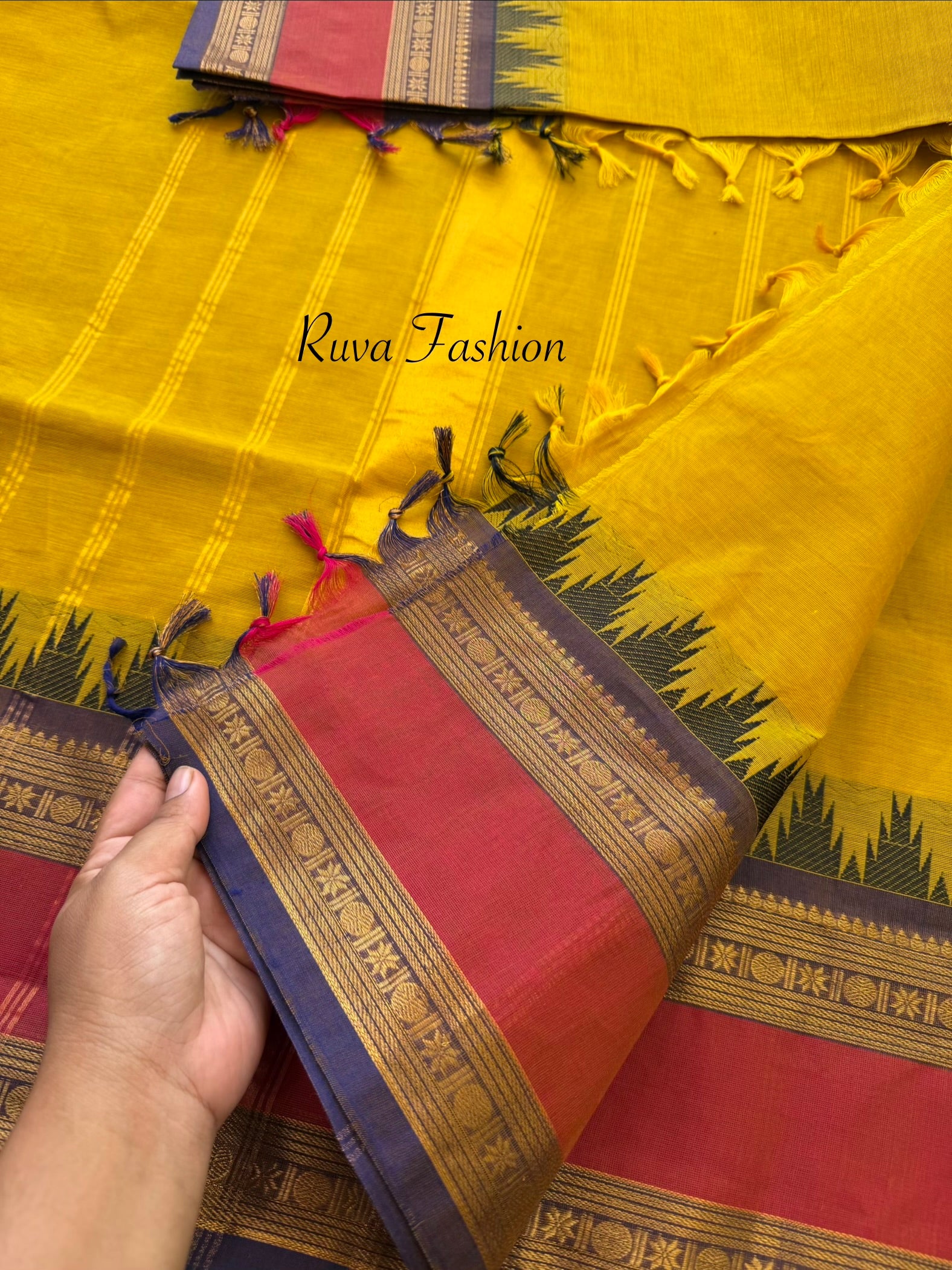 RF167 Mustard yellow shade Kanchi cotton saree with Rettapet border and unique Thazhampoo pattern
