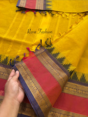 RF167 Mustard yellow shade Kanchi cotton saree with Rettapet border and unique Thazhampoo pattern