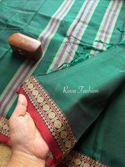 RF98 Bottle Green Shade Mercerised Narayanpet Cotton Saree With Small Contrast Border