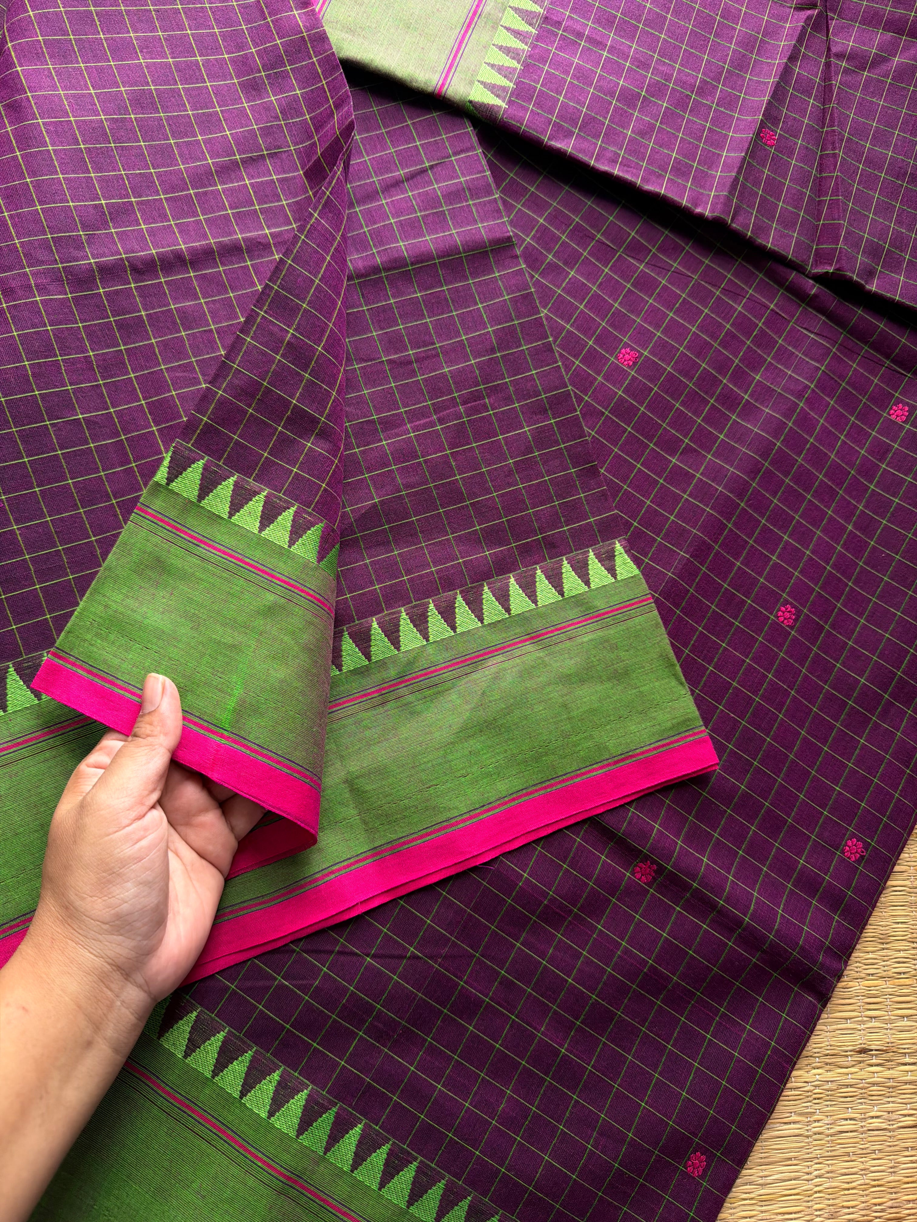 RF386 Deep purple shade soft Kanchi cotton saree with Kattam / checks pattern & handmade thread buttas