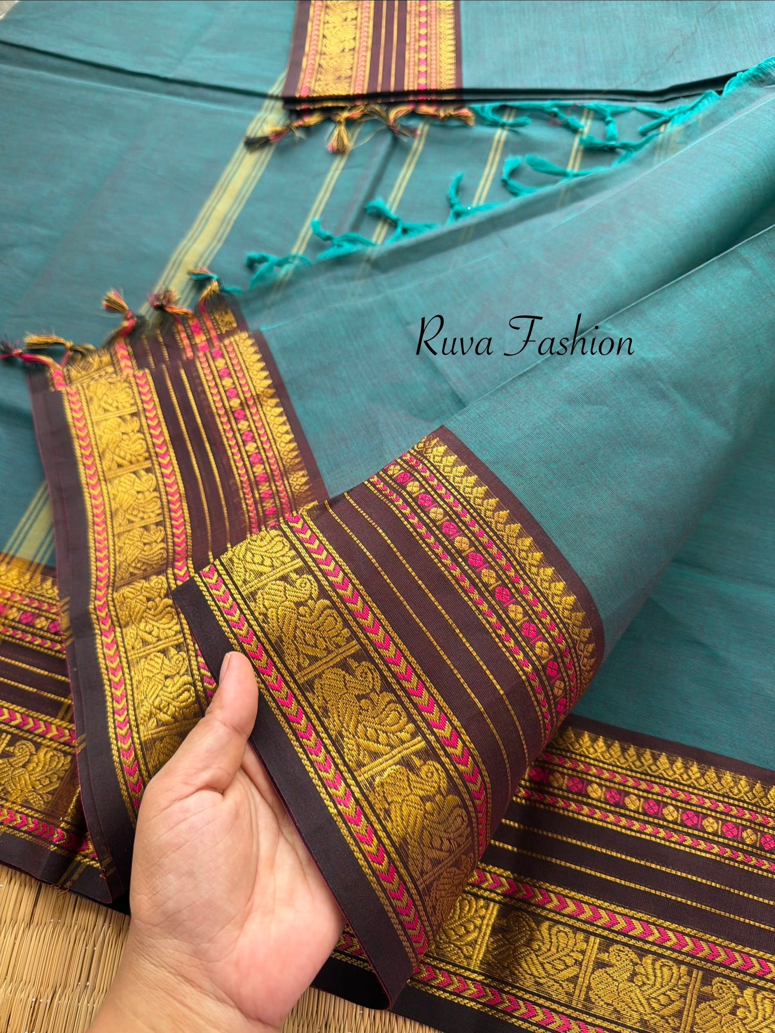 RF135 Dark teal Blue Shade With contrast brown combination vintage border Kanchi cotton saree