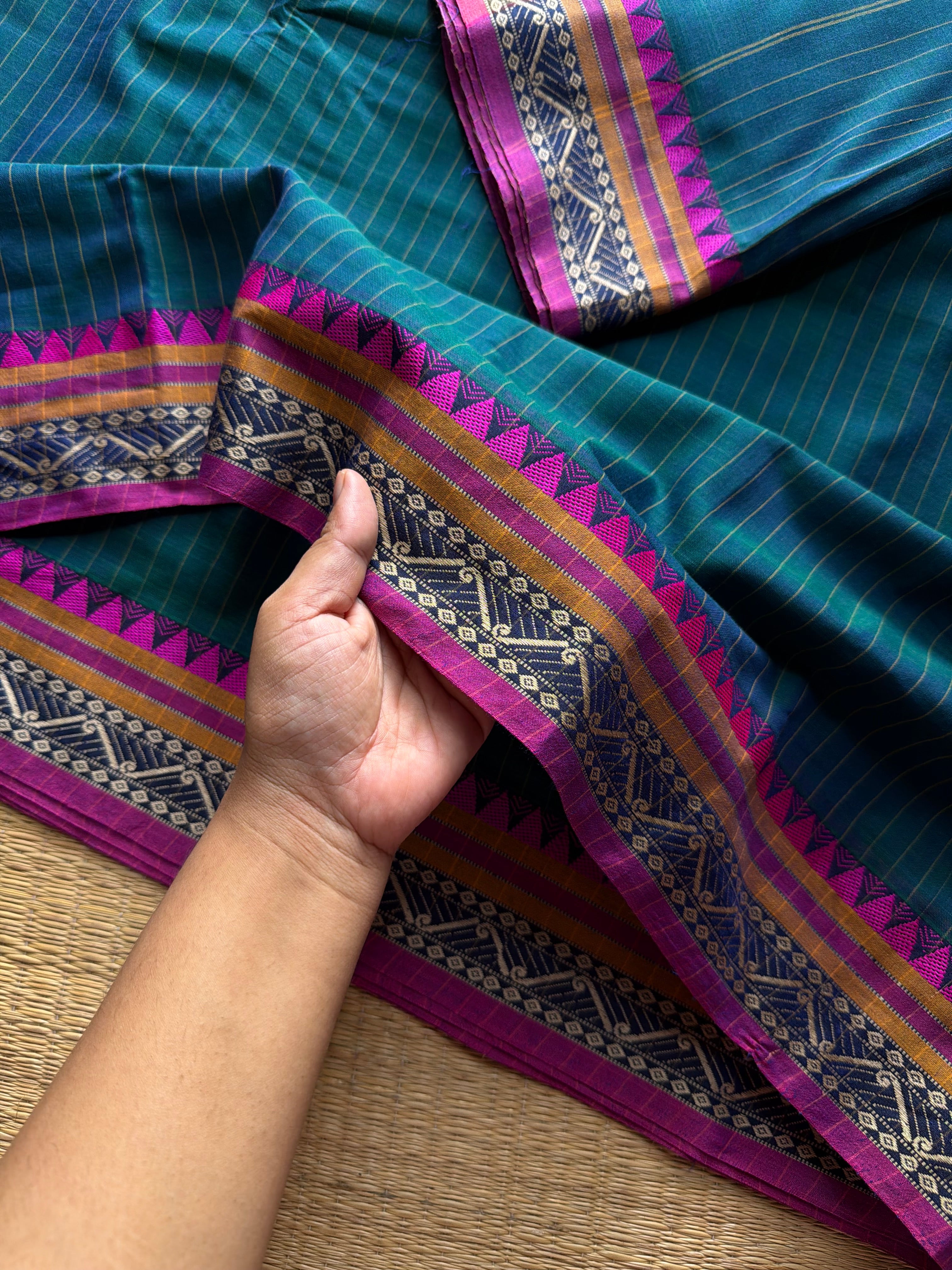 RF1312 Peacock blue shade ~ Narayanpet Mercerised soft cotton saree with stripped pattern