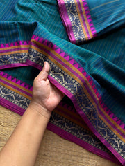 RF1312 Peacock blue shade ~ Narayanpet Mercerised soft cotton saree with stripped pattern