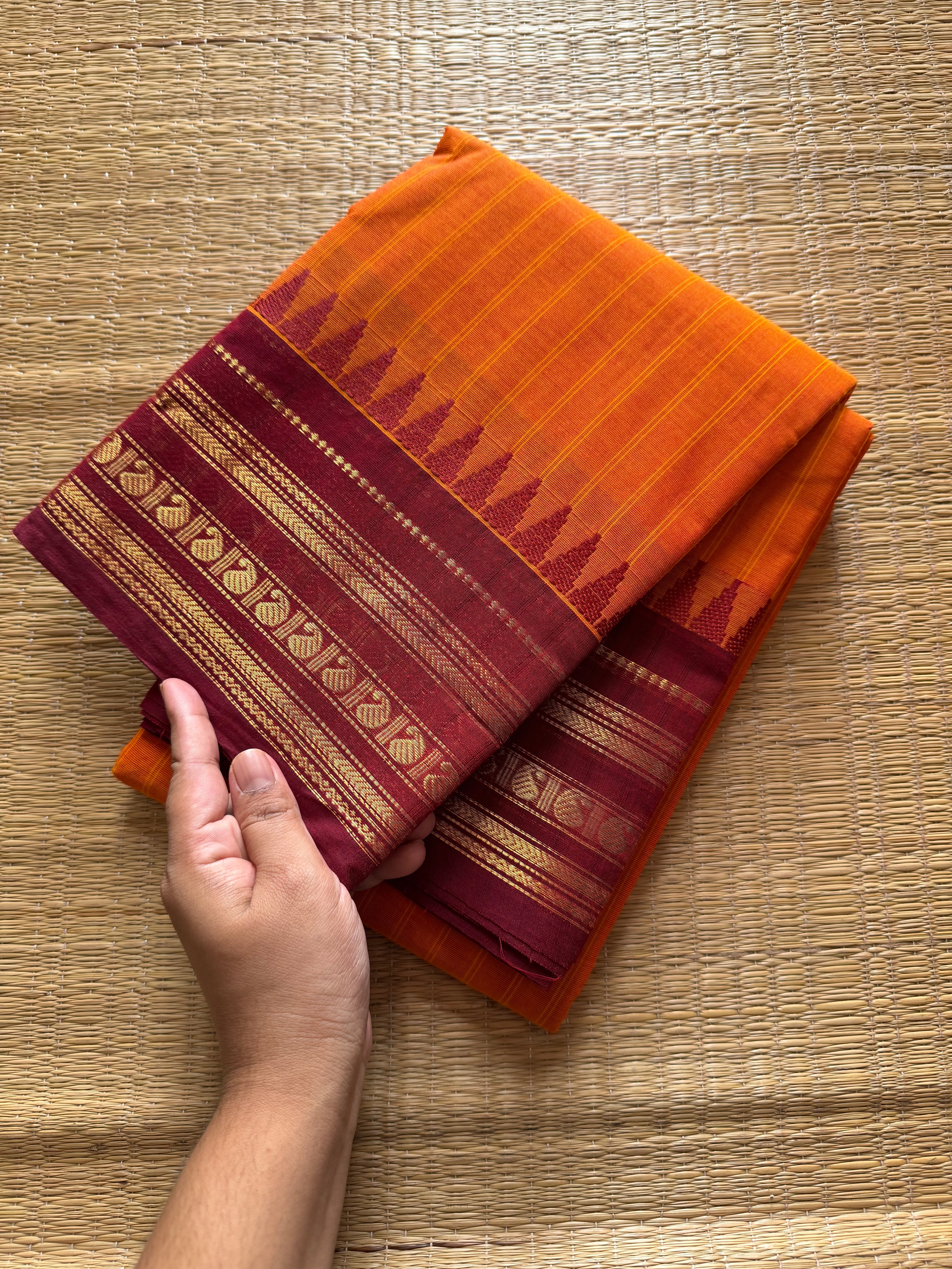 RF323 Orange with maroon combination Kanchi cotton saree with vertical striped pattern & mango Zari border