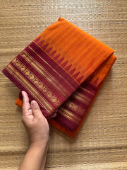RF323 Orange with maroon combination Kanchi cotton saree with vertical striped pattern & mango Zari border