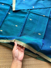 RF303 Peacock Green Shade Mercerised Narayanpet Cotton Saree with Handmade thread buttas