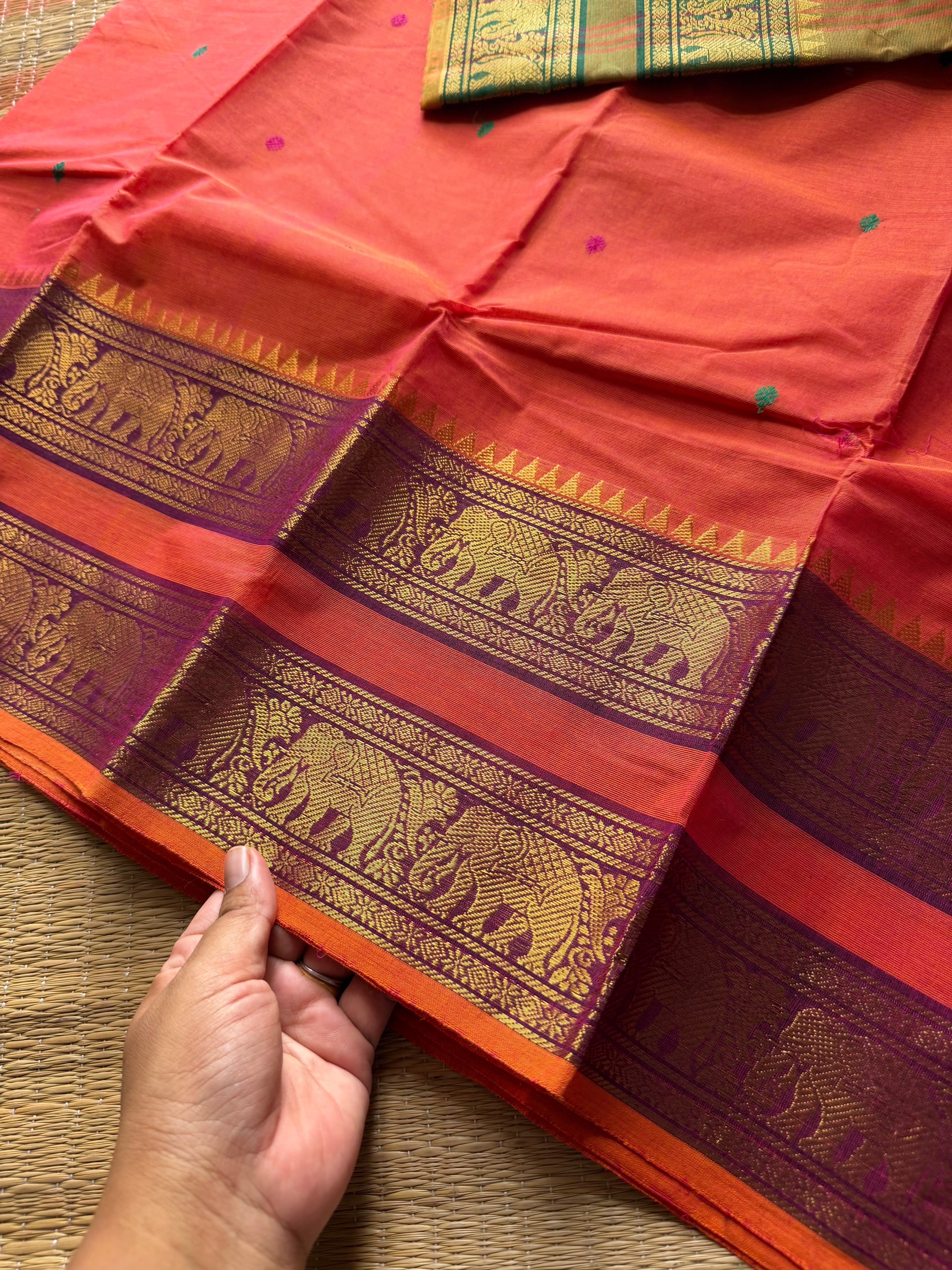 RF851 Dual shade Kanchi cotton saree with Rettapet border and handmade thread buttas