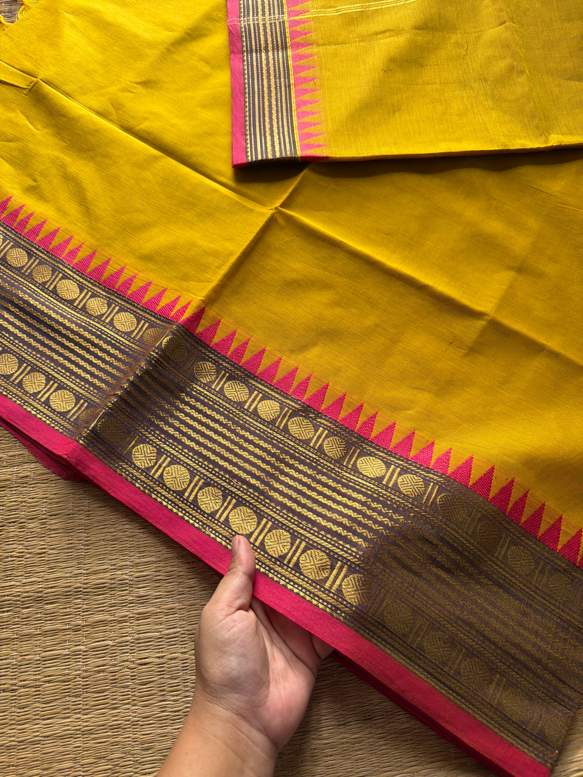 Mustard yellow Kanchi cotton saree unique contrast border