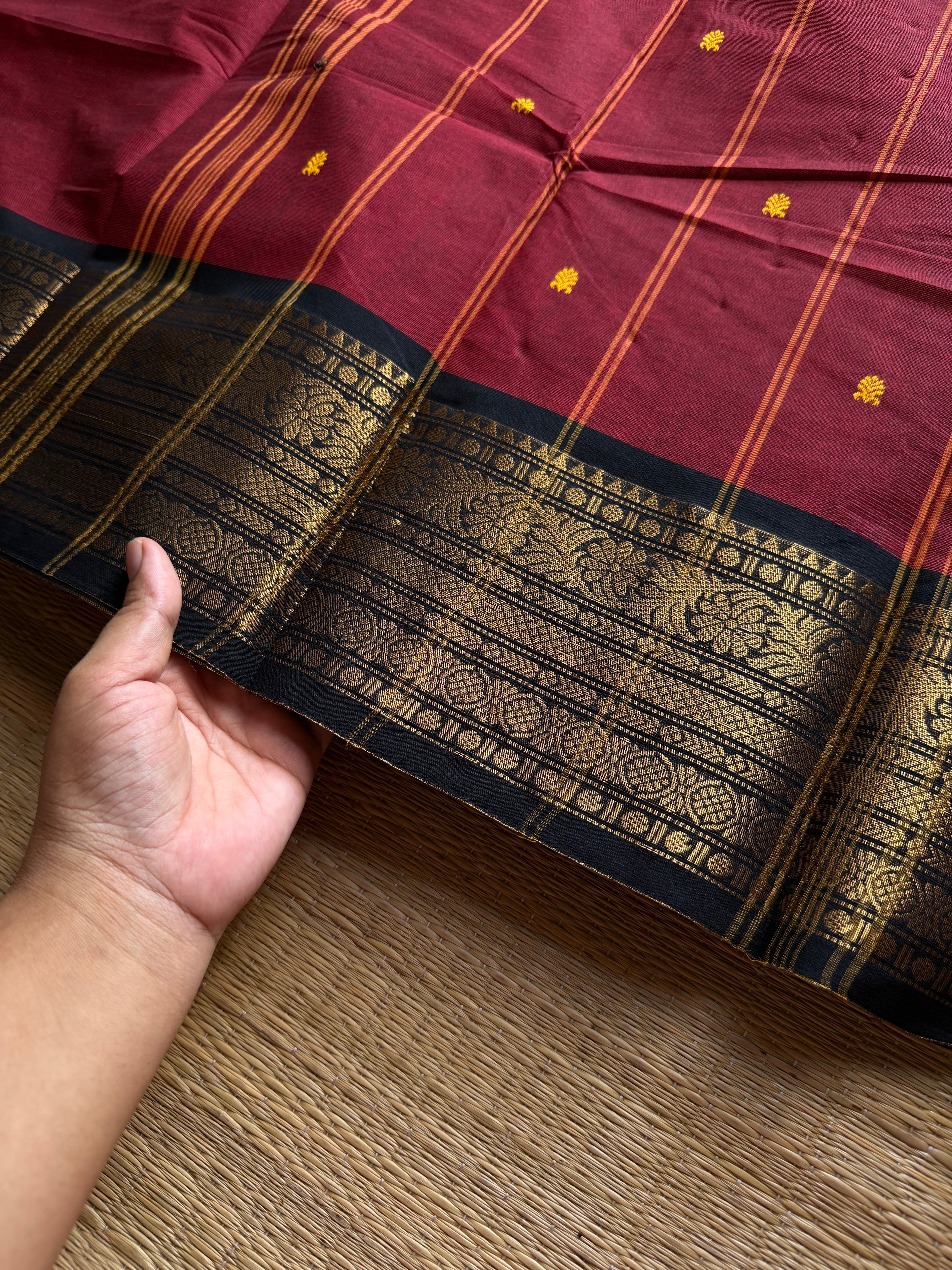 RF1072 Maroon with black Kanchi cotton saree with handmade thread buttas